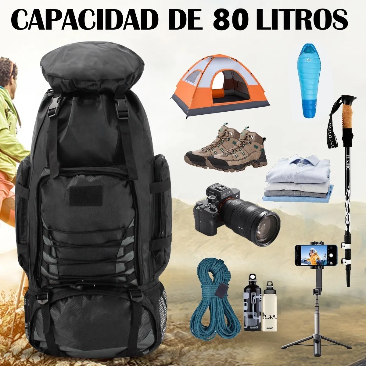 Mochila Impermeable 80l Para Senderismo Montañismo Grande Negro