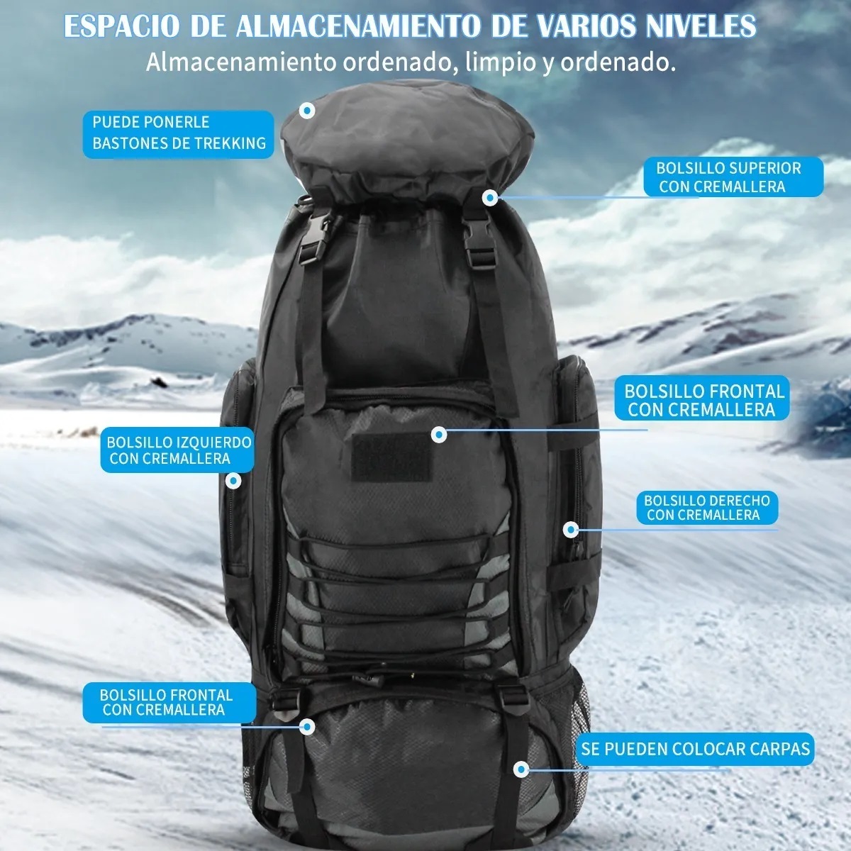 Mochila Impermeable 80l Para Senderismo Montañismo Grande Negro