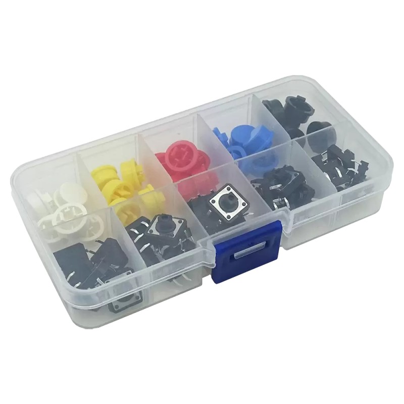 Kit De 25 Botones Pulsadores 12x12x7.3 4 Pines Con Cubre Boton De Colores Y Estuche