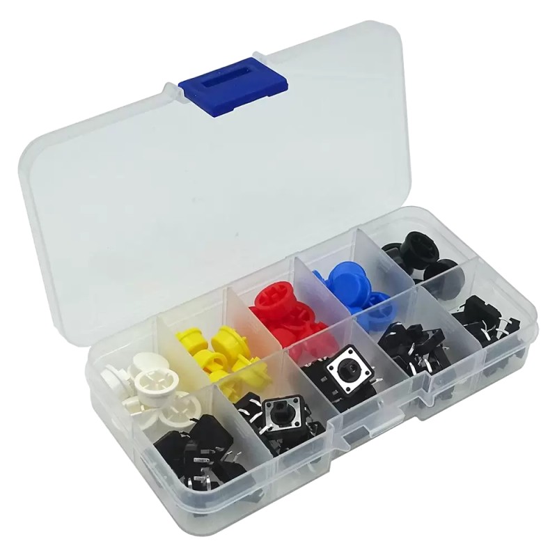 Kit De 25 Botones Pulsadores 12x12x7.3 4 Pines Con Cubre Boton De Colores Y Estuche