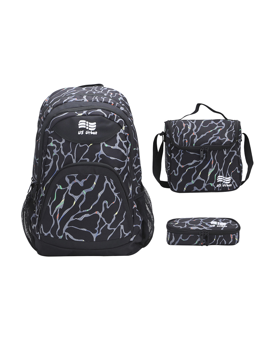 SET MOCHILA ESCOLAR CON LONCHERA Y LAPICERA US URBAN NEGRA