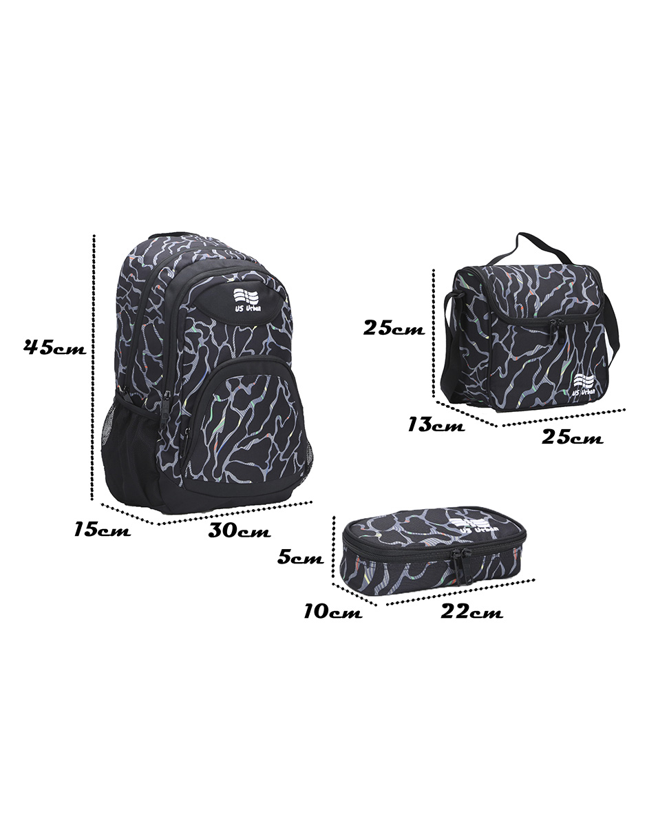 SET MOCHILA ESCOLAR CON LONCHERA Y LAPICERA US URBAN NEGRA