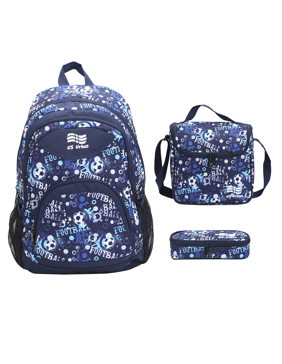 SET MOCHILA ESCOLAR CON LONCHERA Y LAPICERA US URBAN AZUL