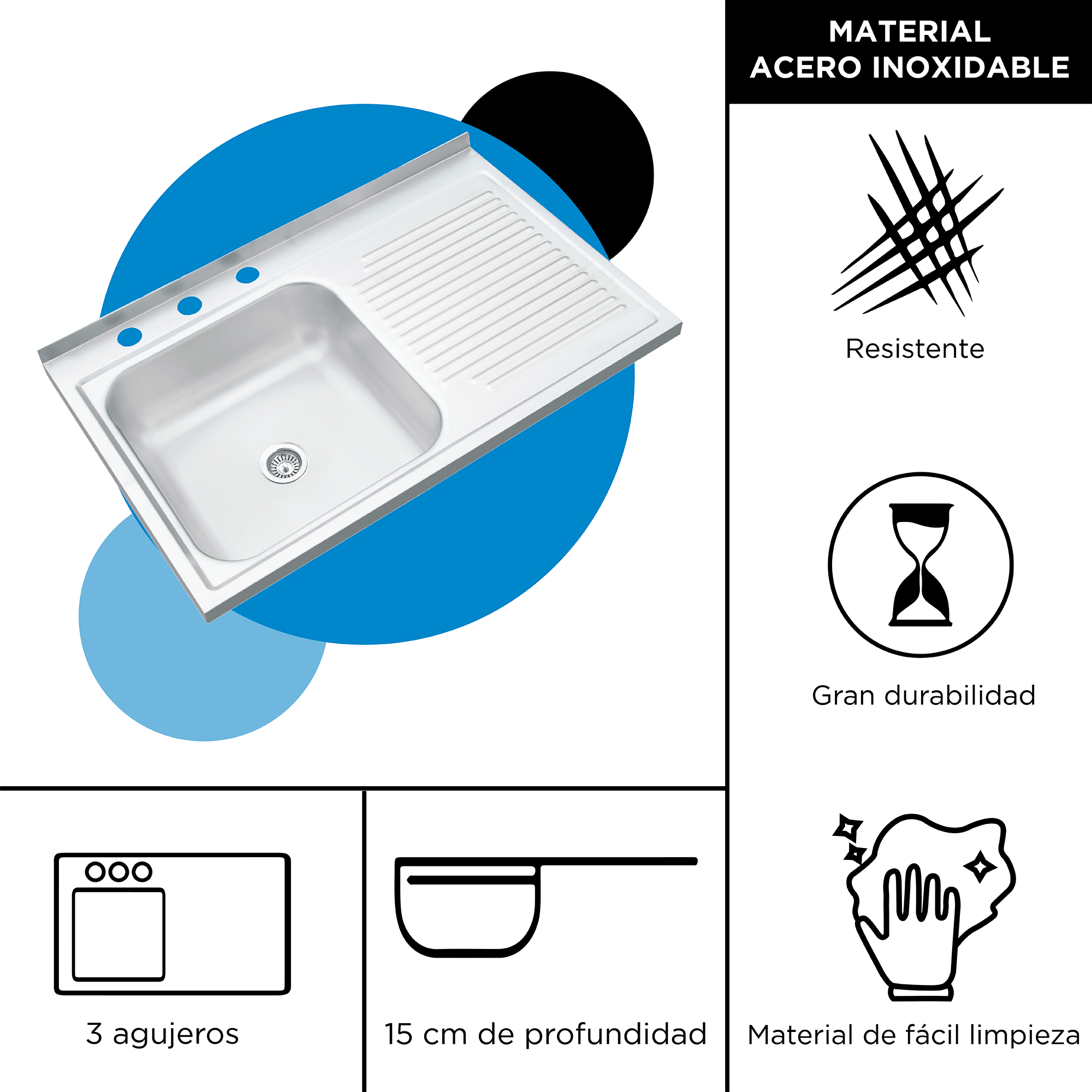 CNX - Kit Completo de Fregadero de Cocina Derecho para Sobreponer y Mezcladora