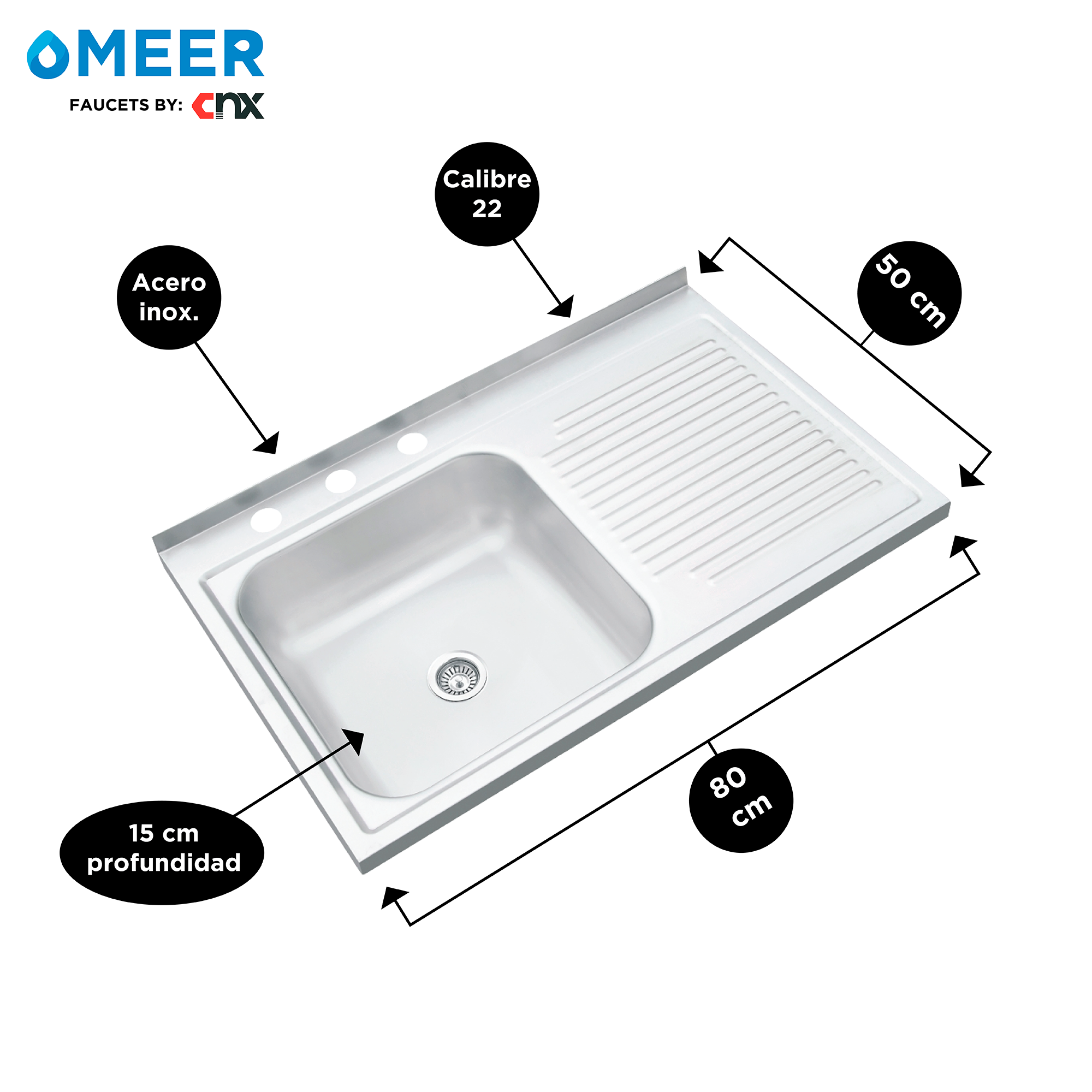 CNX - Kit Completo de Fregadero de Cocina Derecho para Sobreponer y Mezcladora
