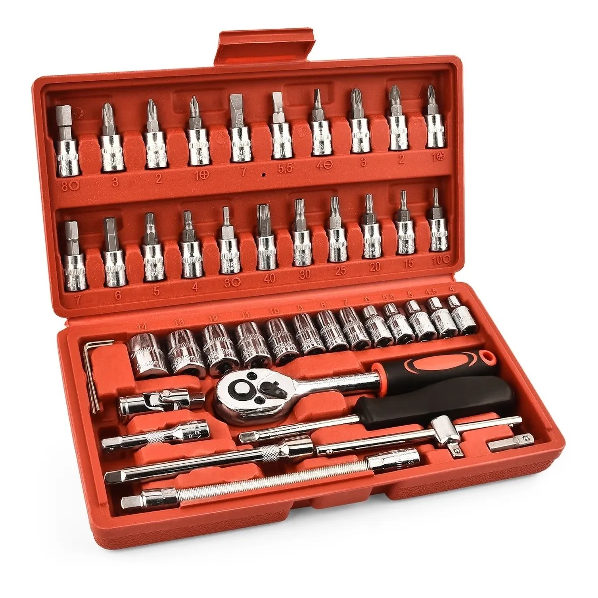 Kit De Herramientas Mecanica 46 Pz Con Desarmador Y Matraca Rojo