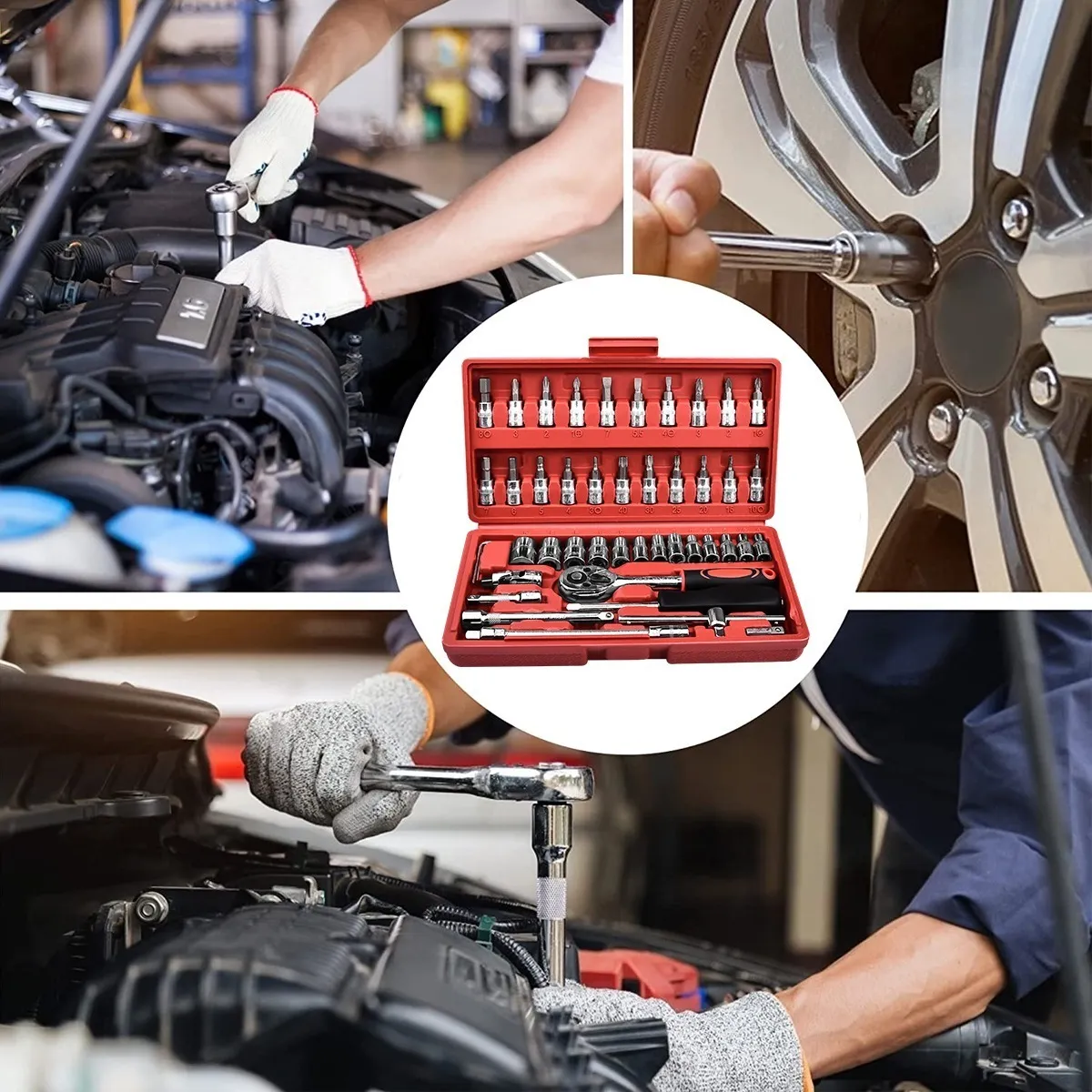 Kit De Herramientas Mecanica 46 Pz Con Desarmador Y Matraca Rojo