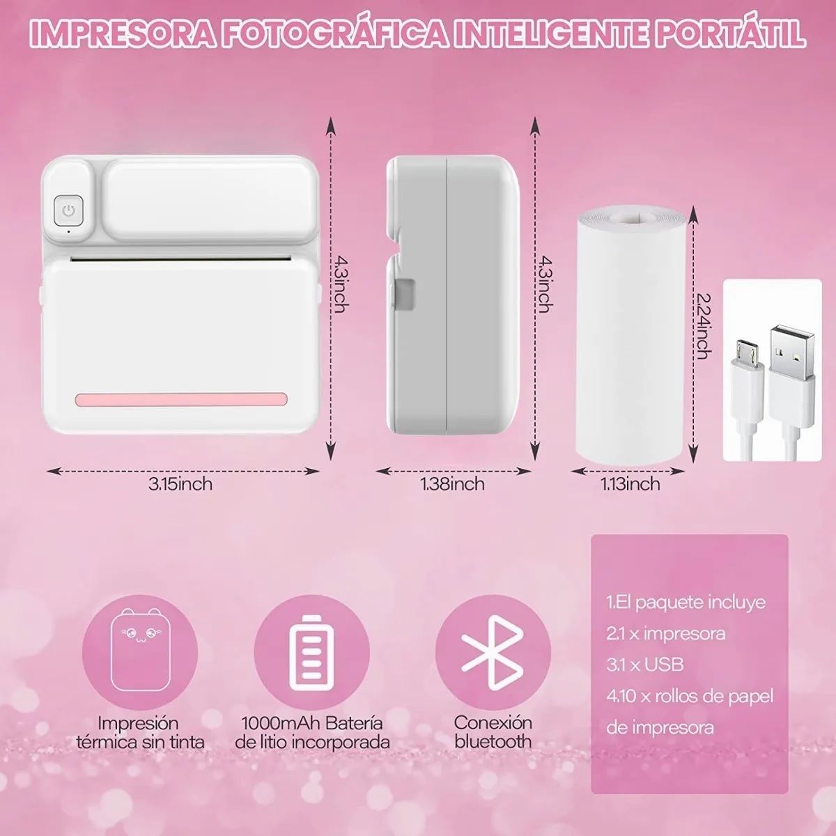 Mini Impresora Térmica Portátil Bluetooth Usb Ios Android