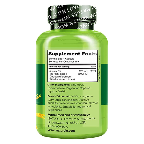 Naturelo vitamin D3 plant-based  2500IU / 62.5mcg 180 cap,vegano ,sin gluten,vegetariano 
