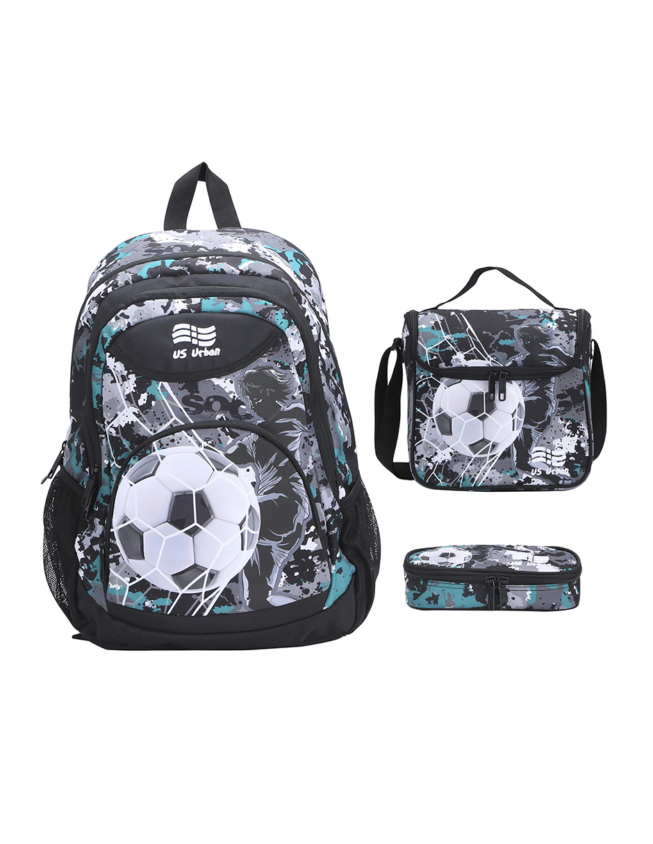 SET MOCHILA ESCOLAR CON LONCHERA Y LAPICERA US URBAN BALON GRIS CON VERDE