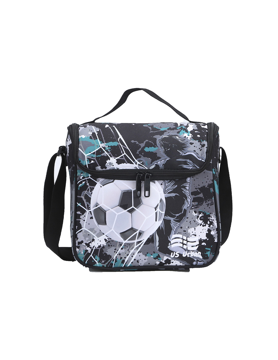 SET MOCHILA ESCOLAR CON LONCHERA Y LAPICERA US URBAN BALON GRIS CON VERDE