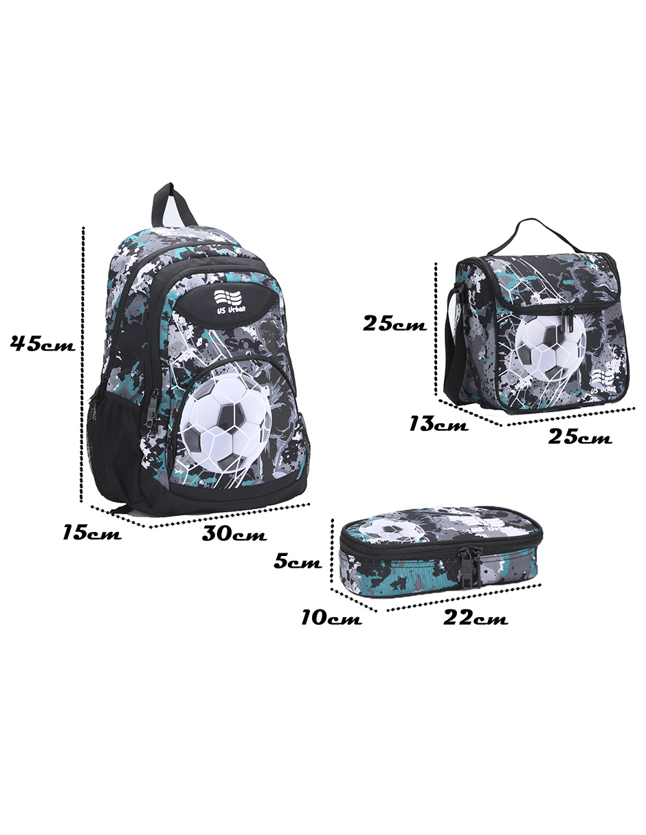 SET MOCHILA ESCOLAR CON LONCHERA Y LAPICERA US URBAN BALON GRIS CON VERDE