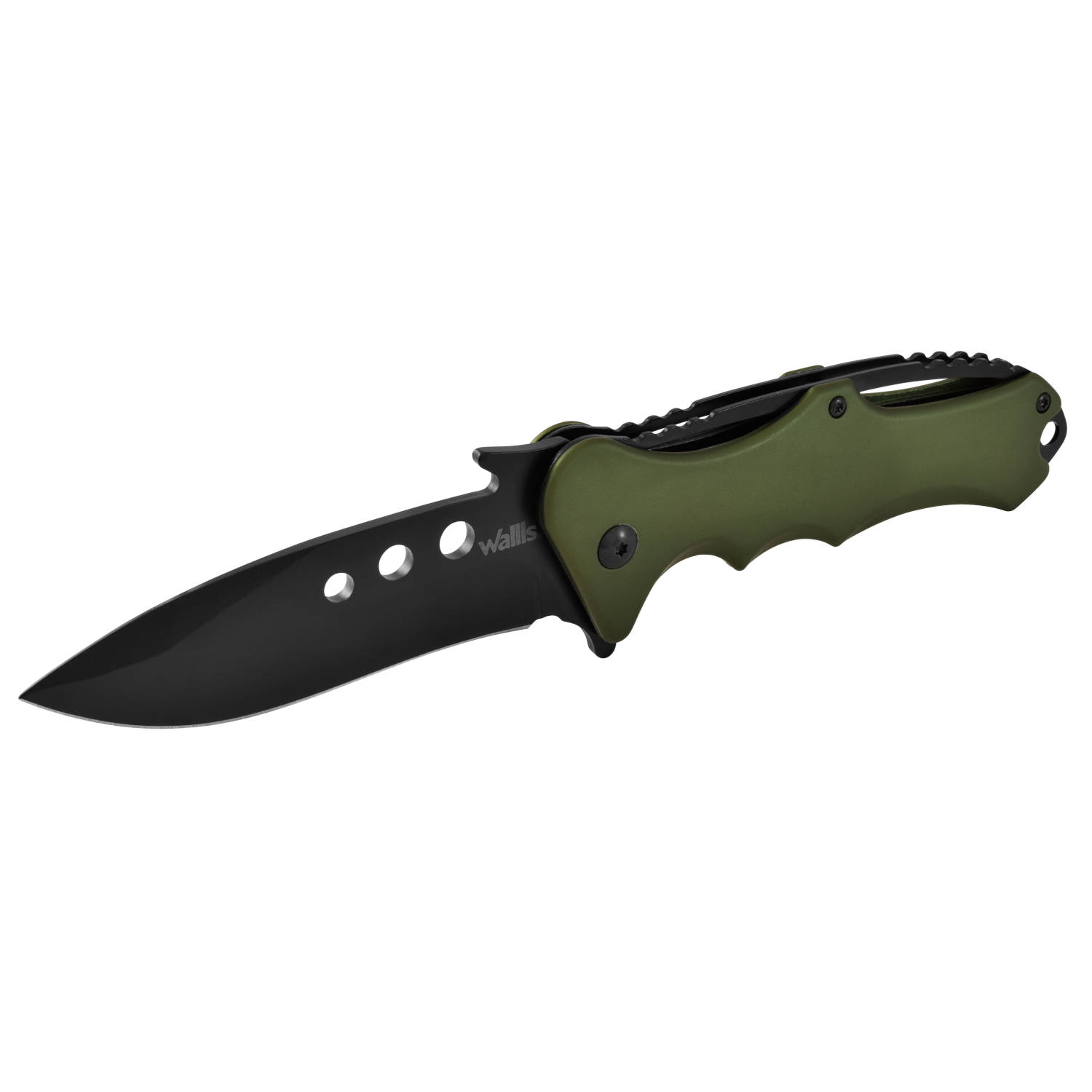 Navaja Wallis con mango de aluminio verde, hoja negra lisa, con clip