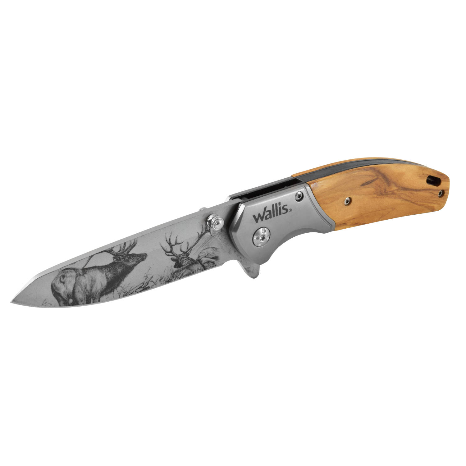 Navaja Wallis con mango de madera con acero, hoja lisa diseño de alce, clip