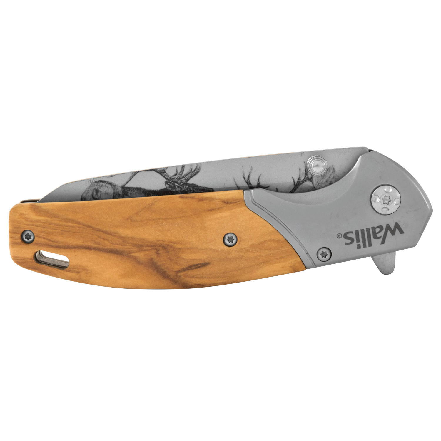 Navaja Wallis con mango de madera con acero, hoja lisa diseño de alce, clip