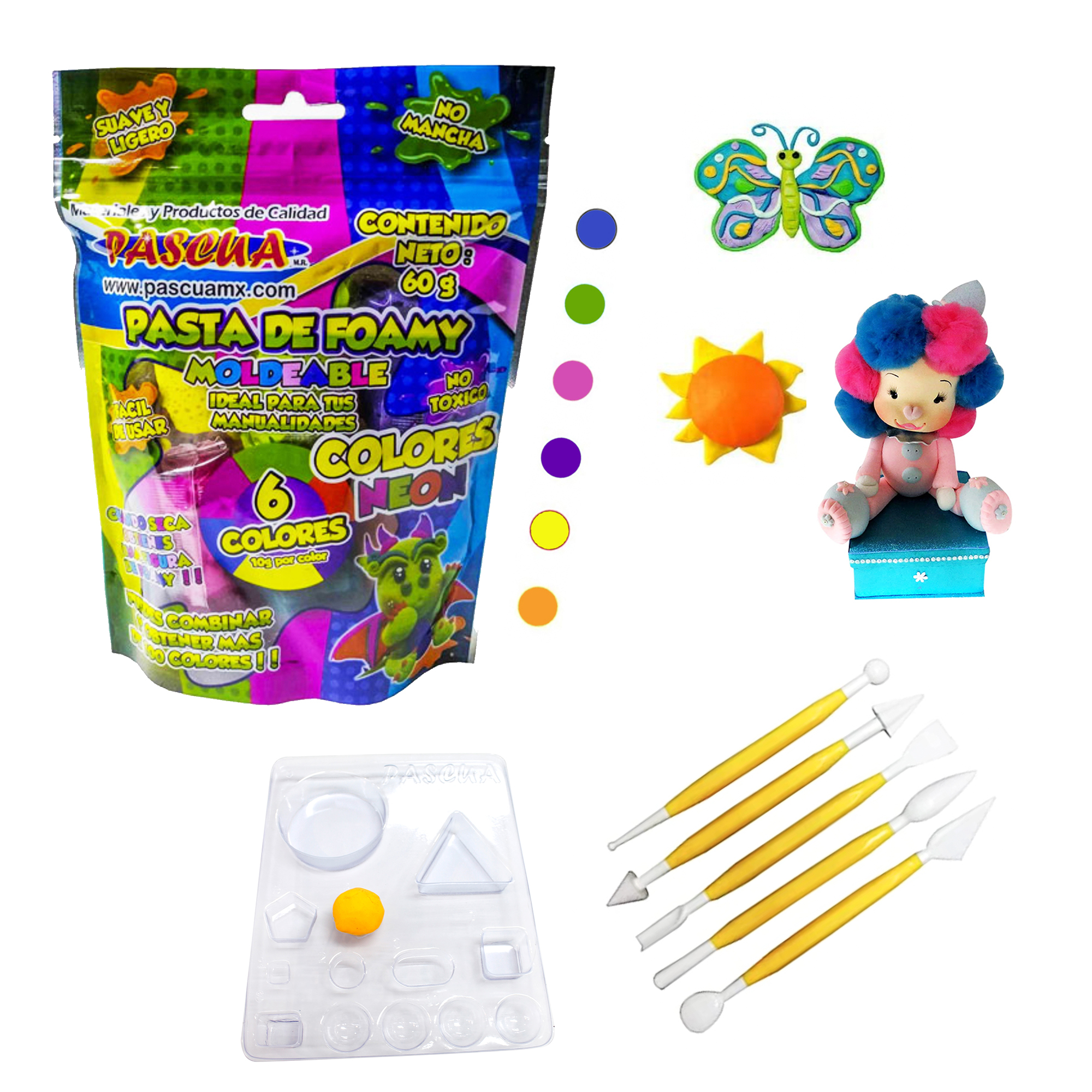 Kit Pasta Foamy MOLDEABLE Paquete con 6 Colores Distintos y Herramientas Estiletes, dosificador para manualidad- Neon -Amarillo