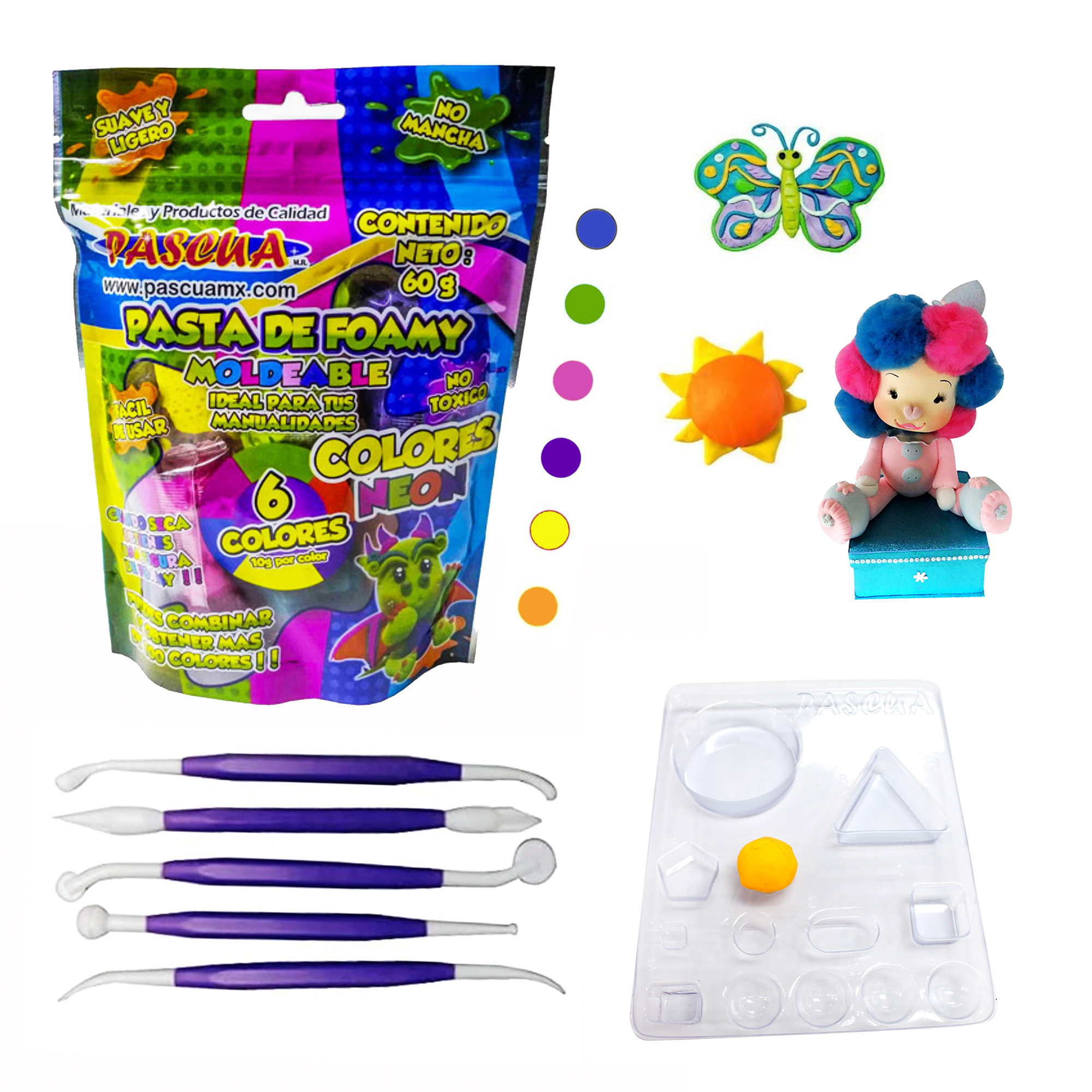 Kit Pasta Foamy MOLDEABLE Paquete con 6 Colores Distintos y Herramientas Estiletes, dosificador para manualidad- Neon -Morado