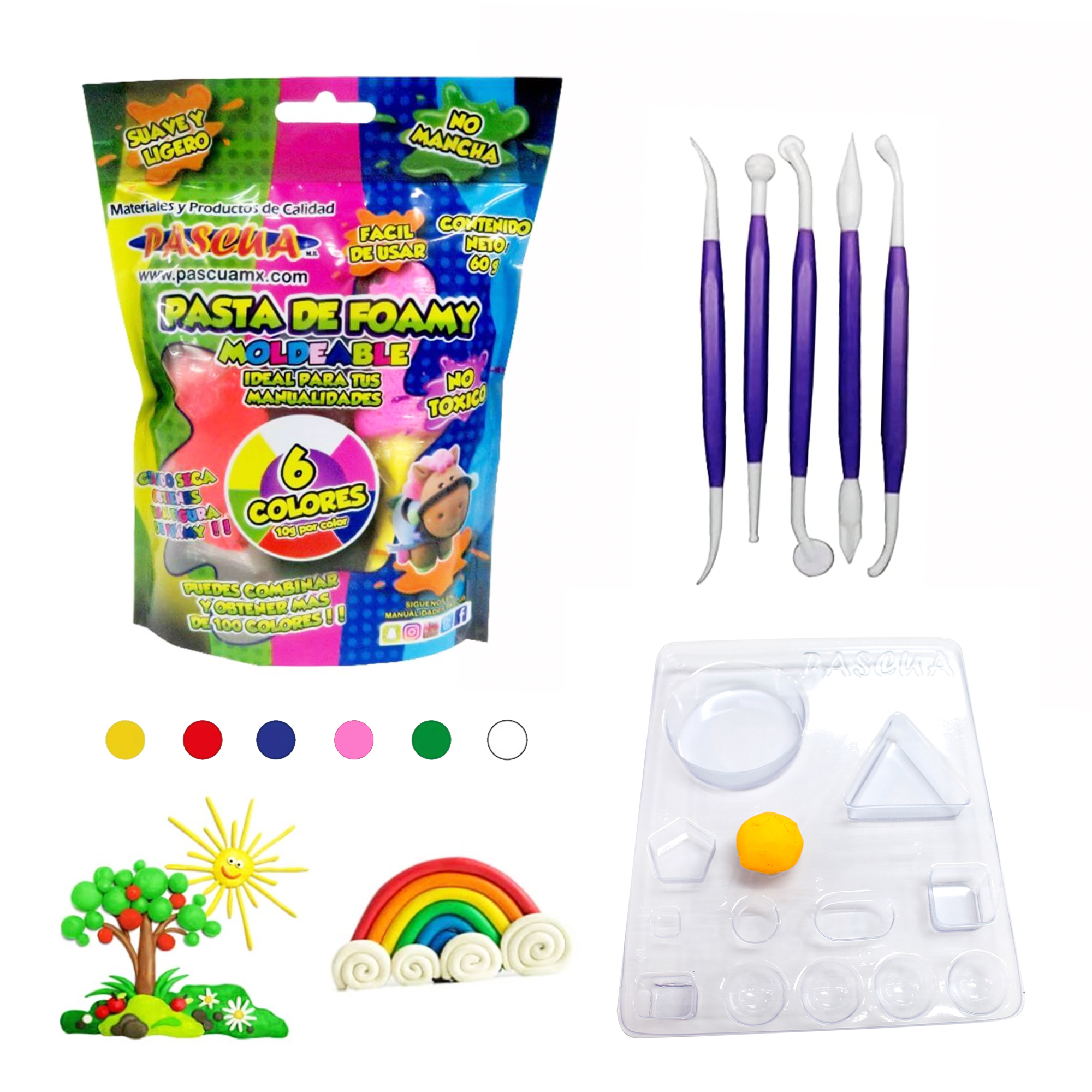Kit Pasta Foamy MOLDEABLE Paquete con 6 Colores Distintos y Herramientas Estiletes, dosificador para manualidad