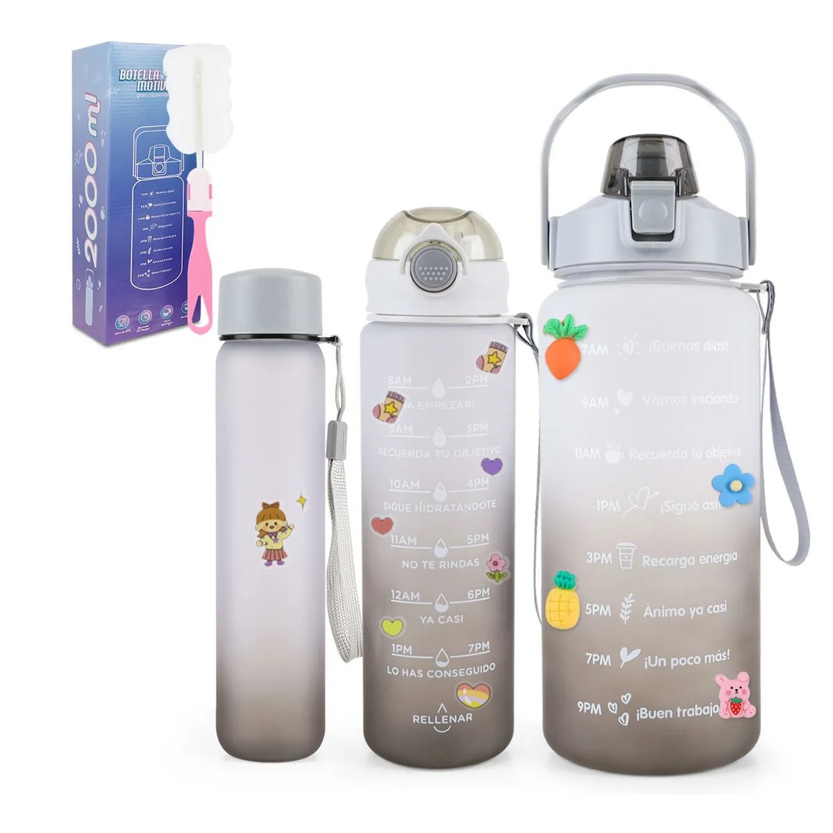 Botella De Agua Deportiva Alta Calidad 3pzs Pareja Familia Gris - A