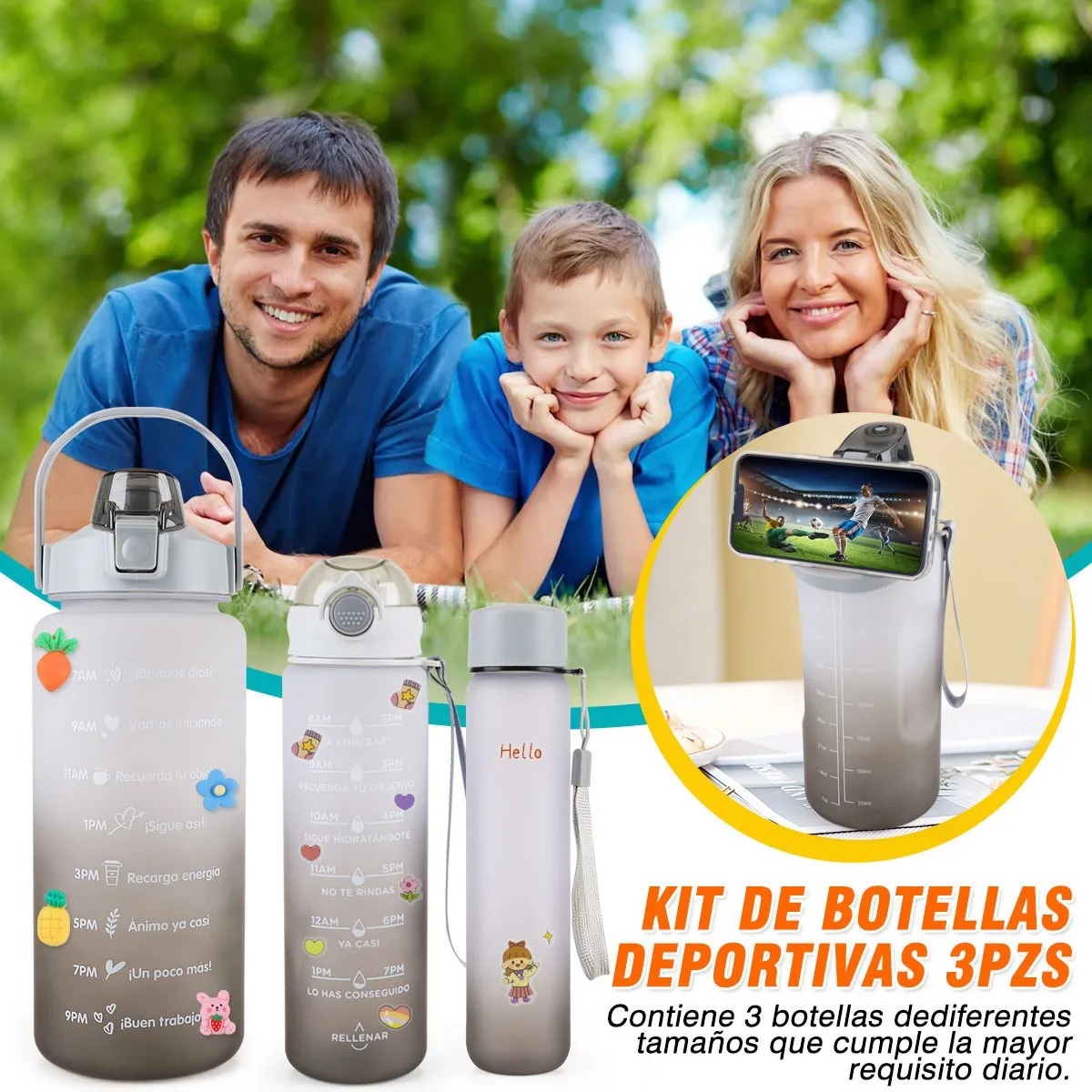 Botella De Agua Deportiva Alta Calidad 3pzs Pareja Familia Gris - A