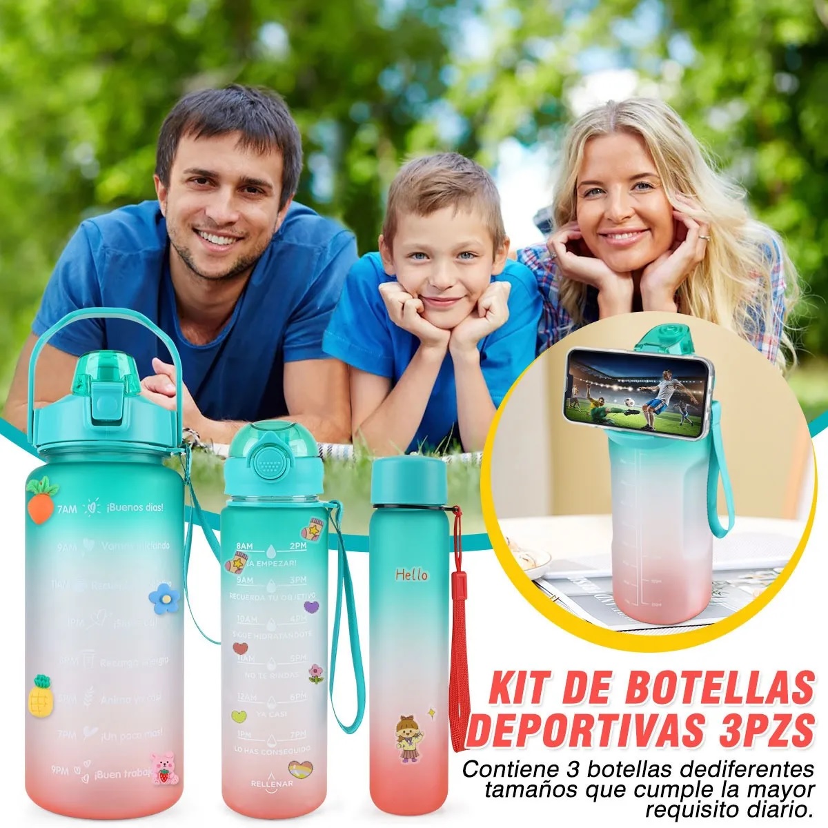 Botella De Agua Deportiva Alta Calidad 3pzs Pareja Familia Verde Obscuro - A