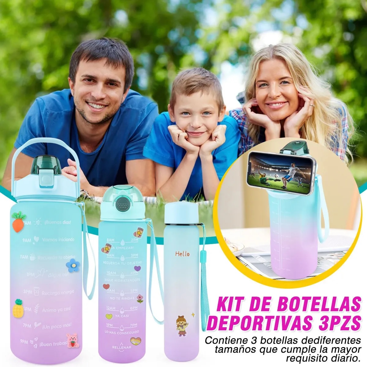 Kit 3 Piezas Botella Deportiva Motivacional Sin BPA De Gran