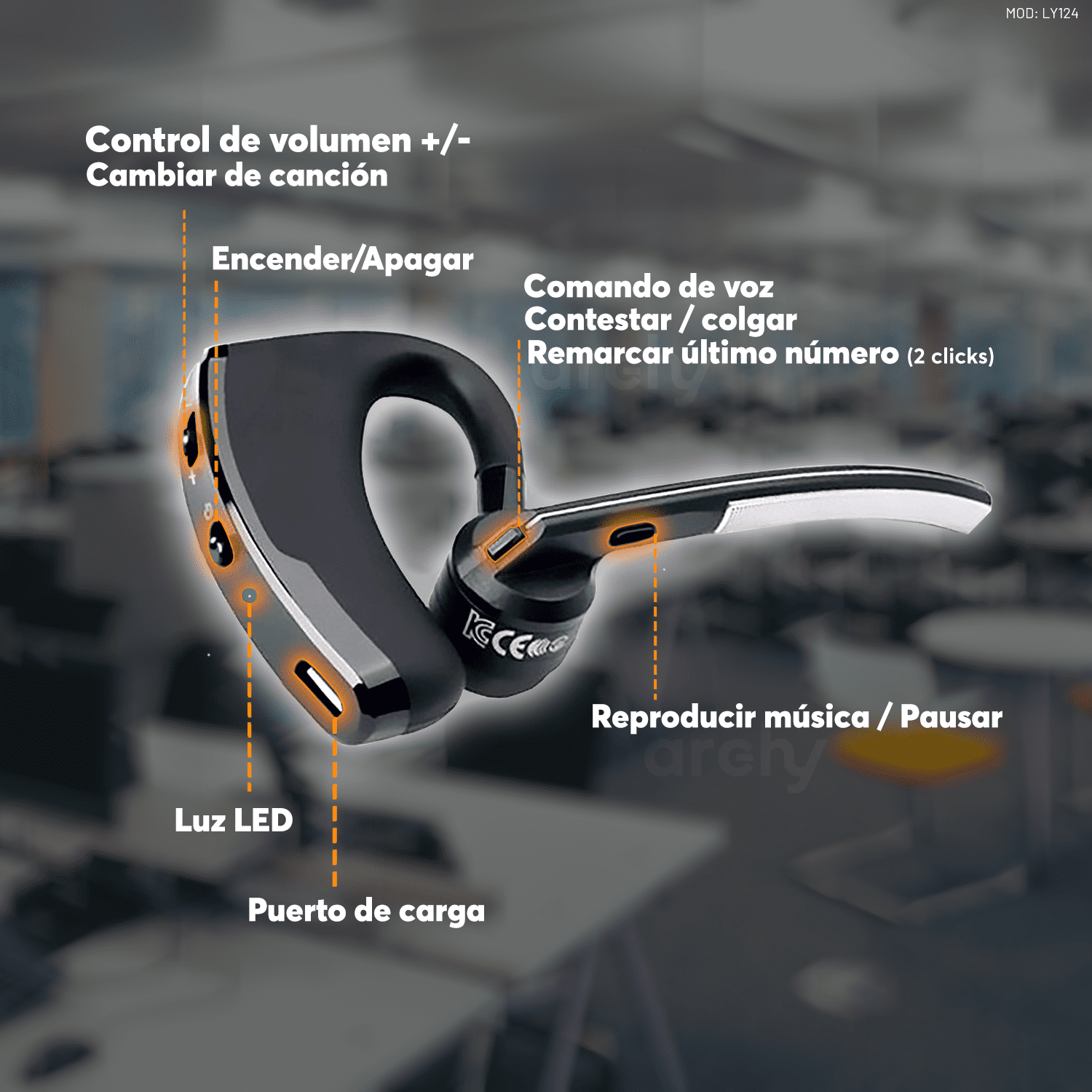  Audífono Manos Libres Archy Auricular Ejecutivo Bluetooth 4.0 Inalámbrico con Cancelación de Ruido (LY292).