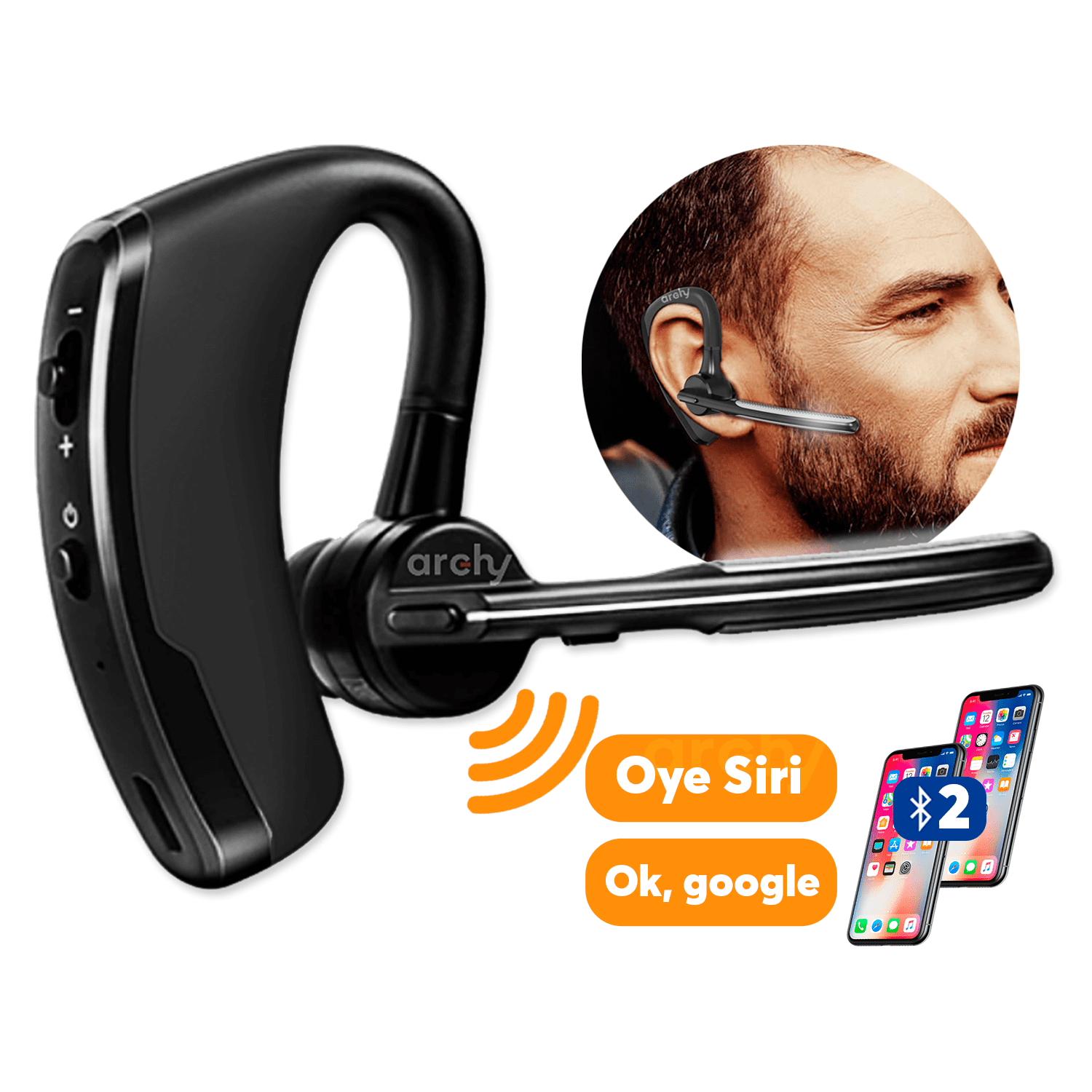  Audífono Manos Libres Archy Auricular Ejecutivo Bluetooth 4.0 Inalámbrico con Cancelación de Ruido (LY292).