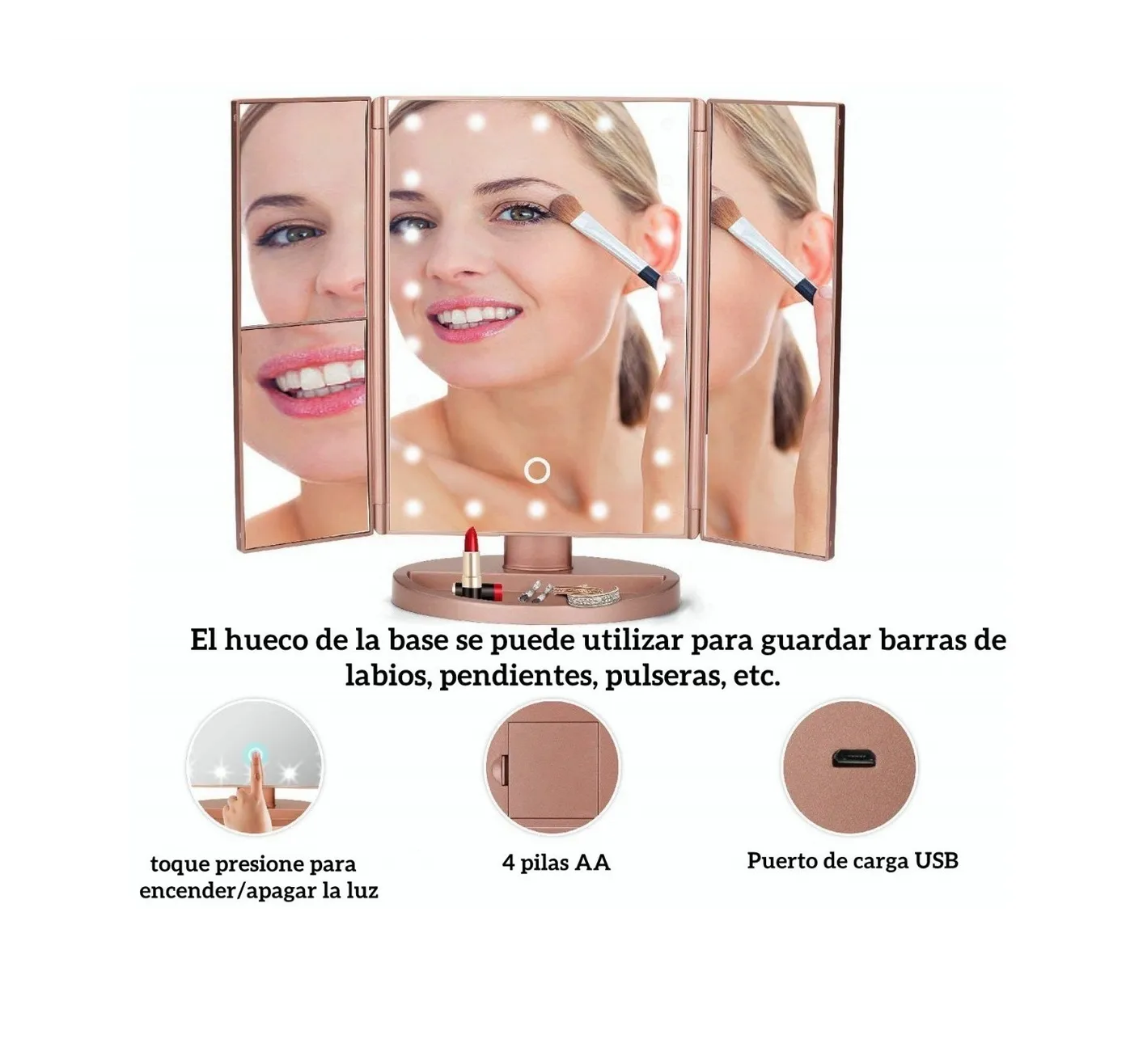 Espejo led triple, luz led portatil, recargable