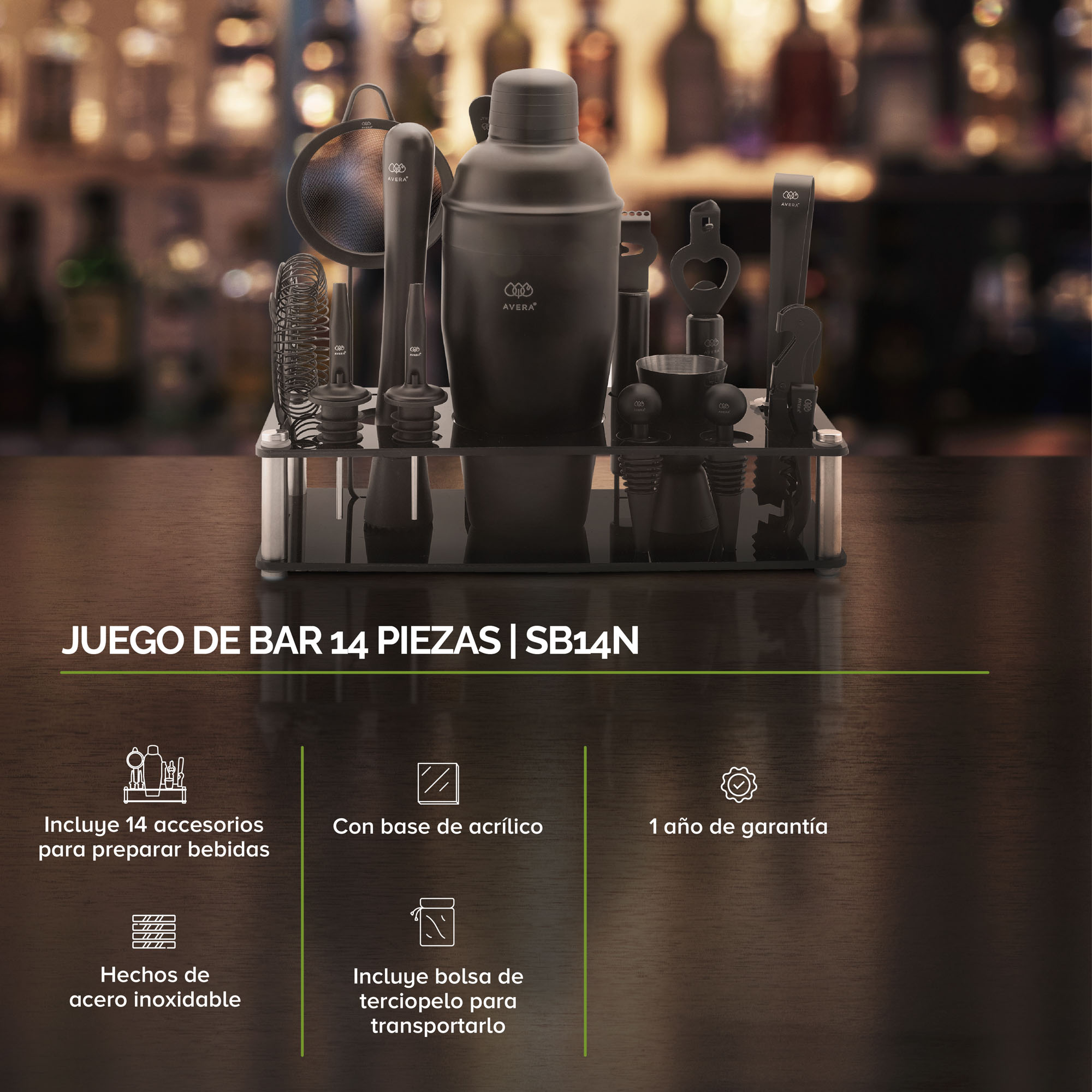 Bartender Coctelería Kit Profesional 14 Piezas Avera SB14N