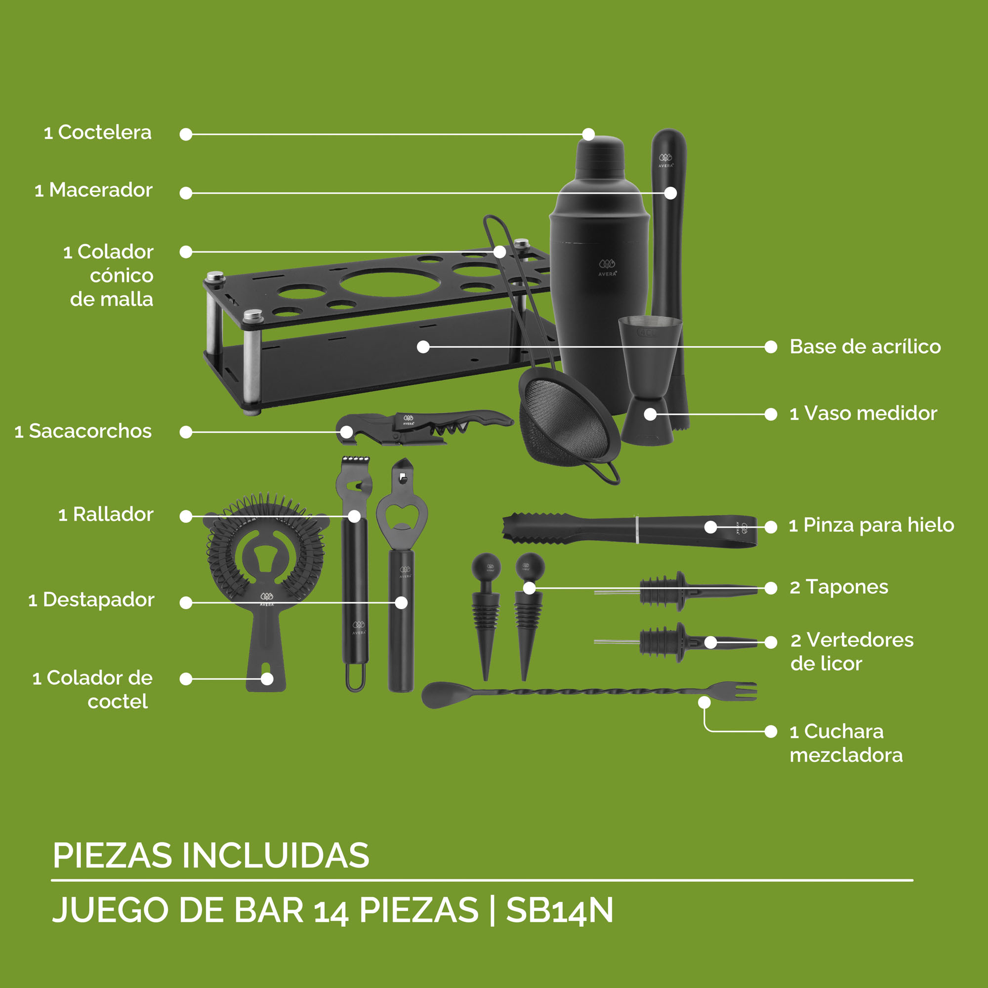 Bartender Coctelería Kit Profesional 14 Piezas Avera SB14N