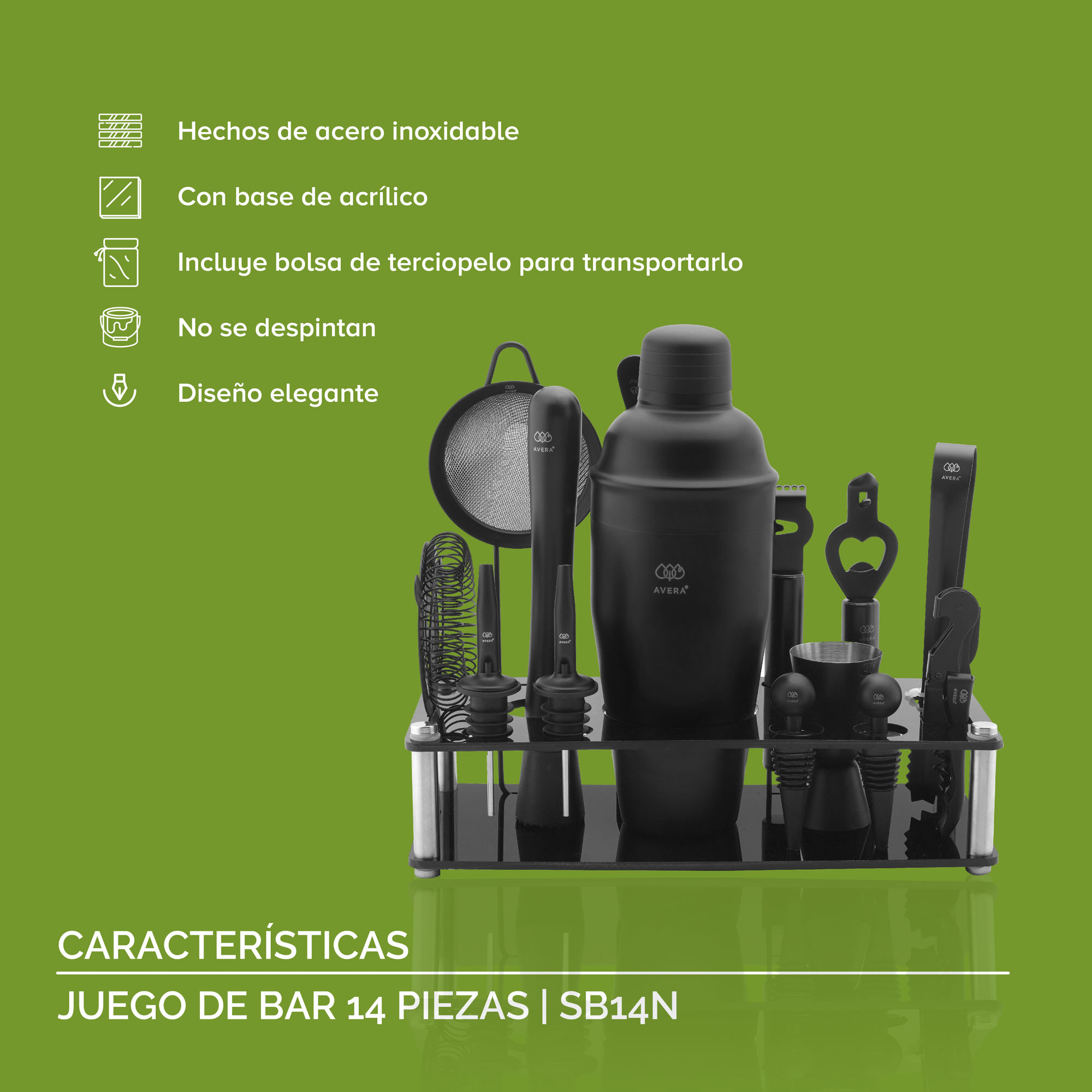 Bartender Coctelería Kit Profesional 14 Piezas Avera SB14N