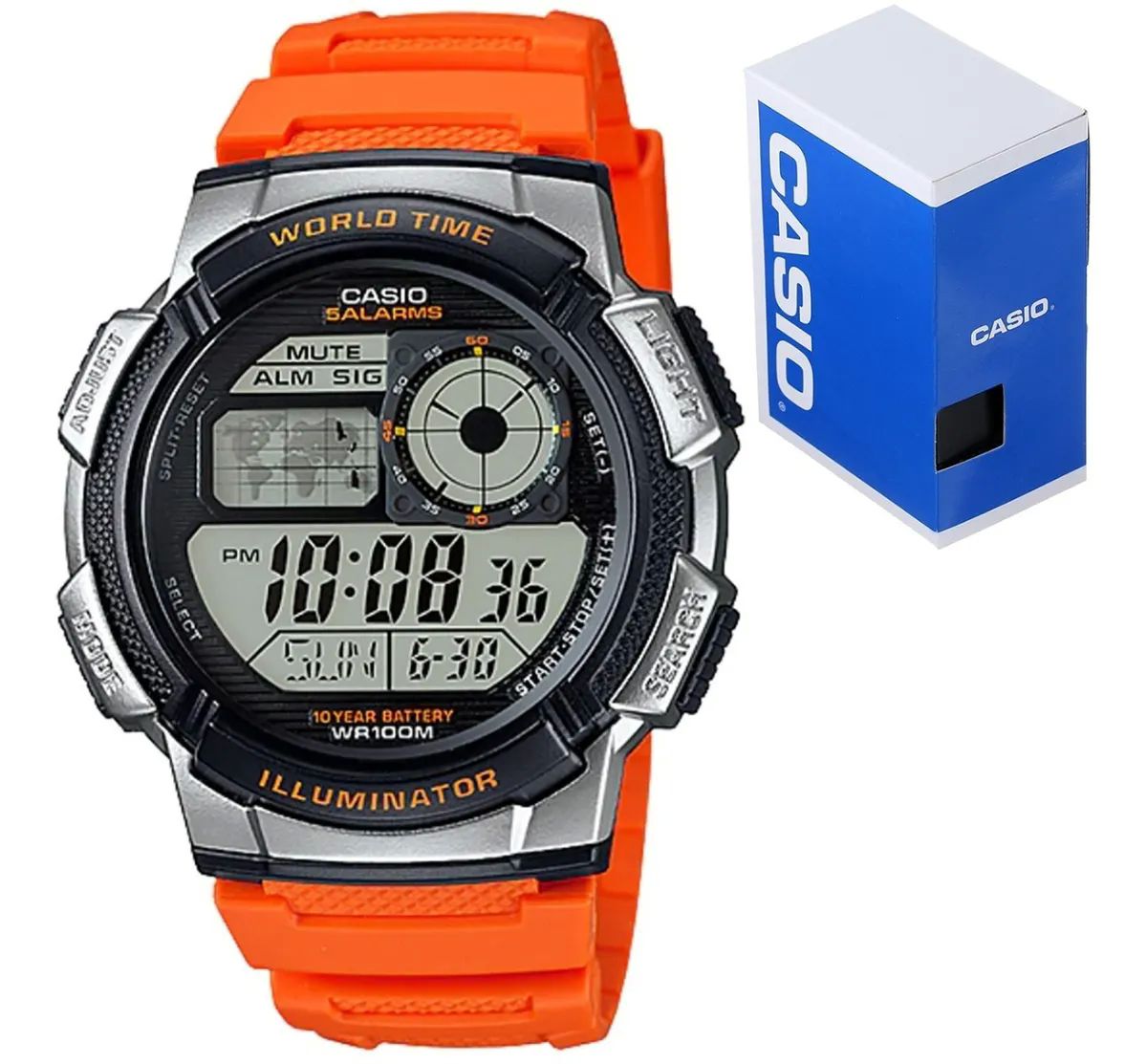 Reloj digital Marca Casio original Resistencia al agua 100 metros Caja 48 mm naranja
