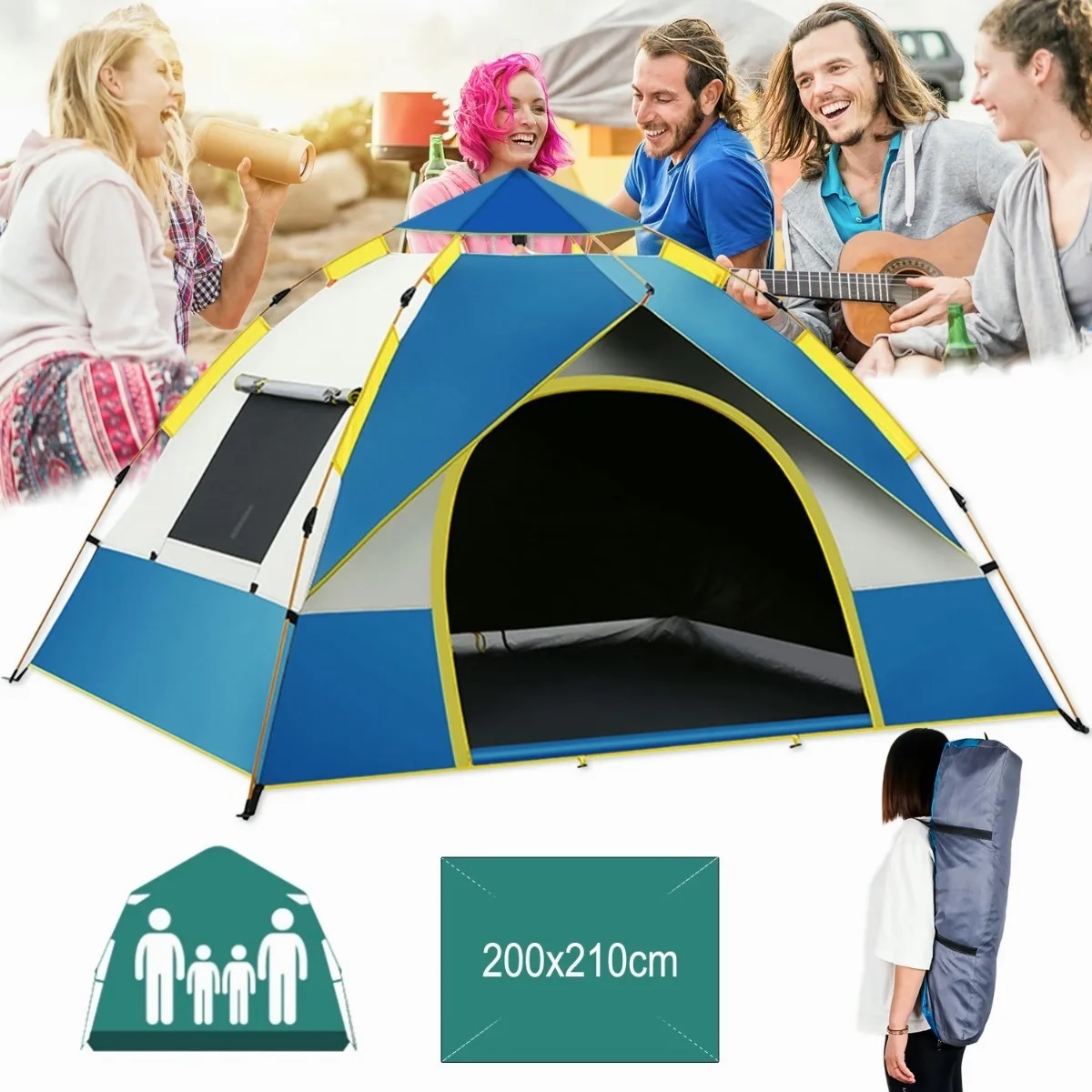 Tienda Casa De Campaña 4 Personas Grande Camping 2.1x2x1.35m