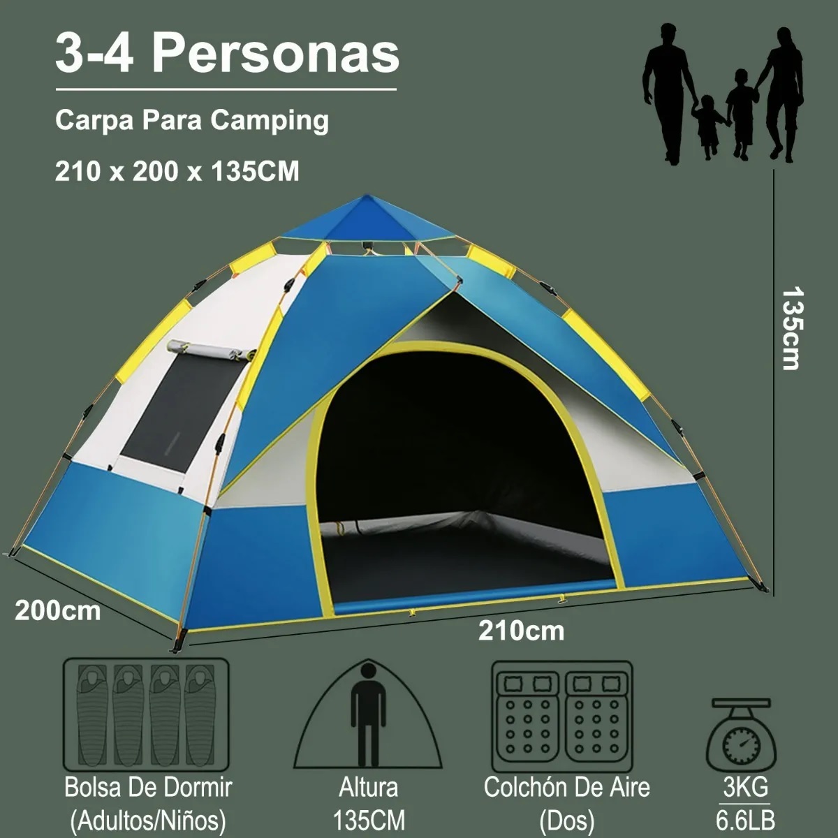 Tienda Casa De Campaña 4 Personas Grande Camping 2.1x2x1.35m