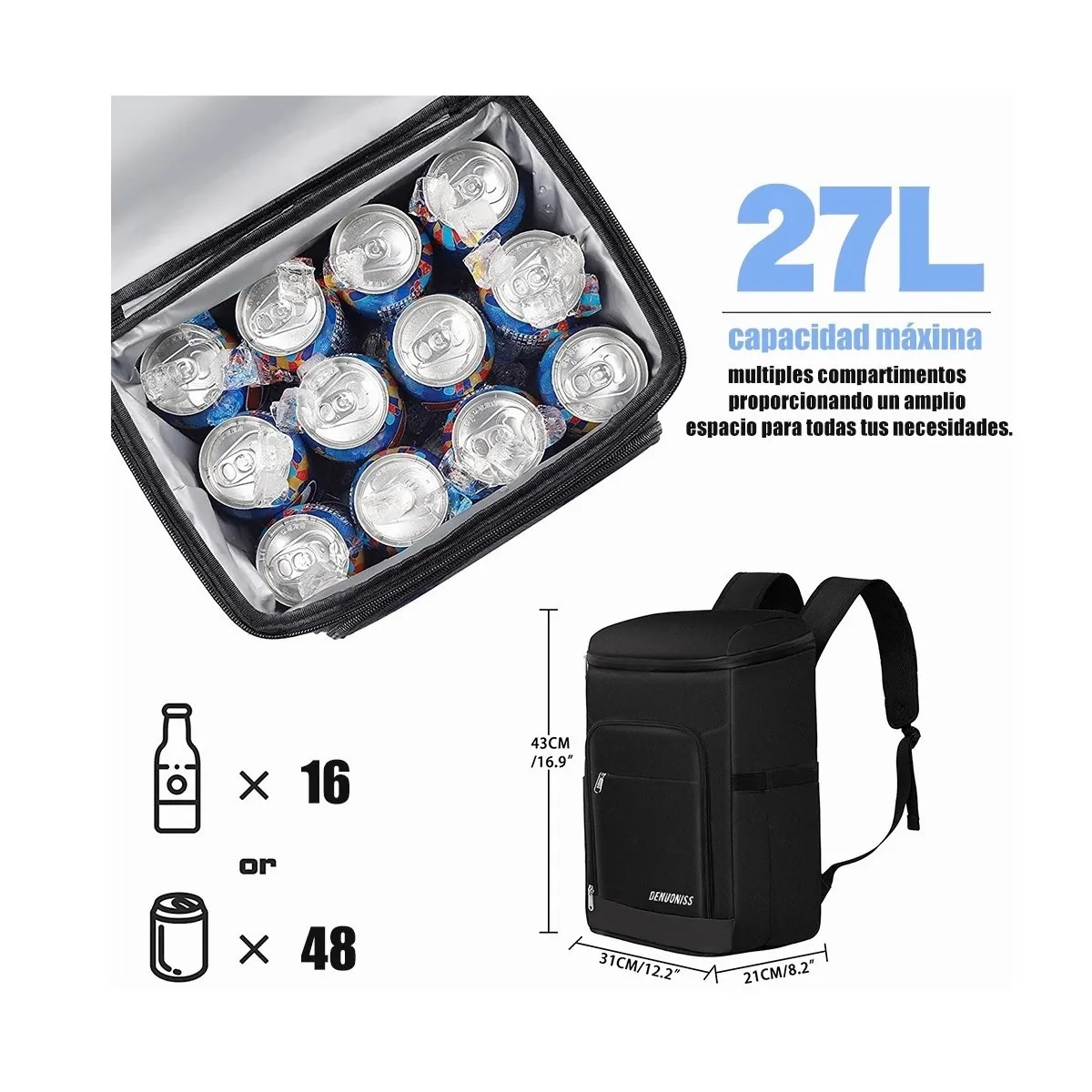  Mochila Hieleras Enfriador Bolsa Impermeable Portátil 27 Ltros