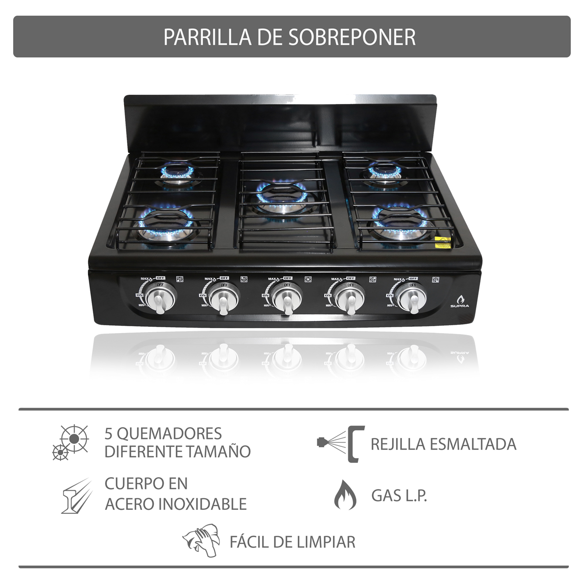 Parrilla 5 Quemadores De Sobreponer Supra Cubierta Acero Negra