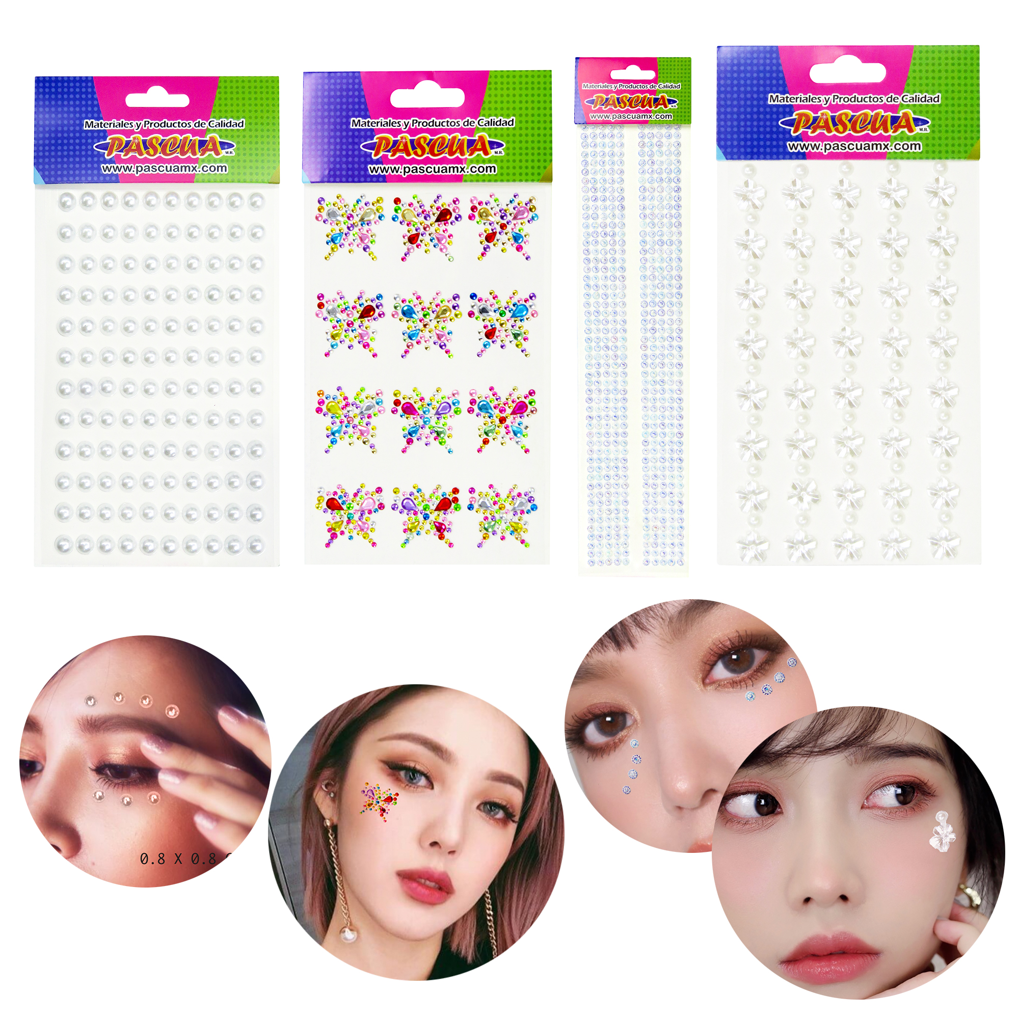 Set Pegatinas de Piedras Acrilicas con Adhesivo de diamantes forma Redondo, Perla, Mariposa y flor para manualidad DIY, Maquillaje Cara