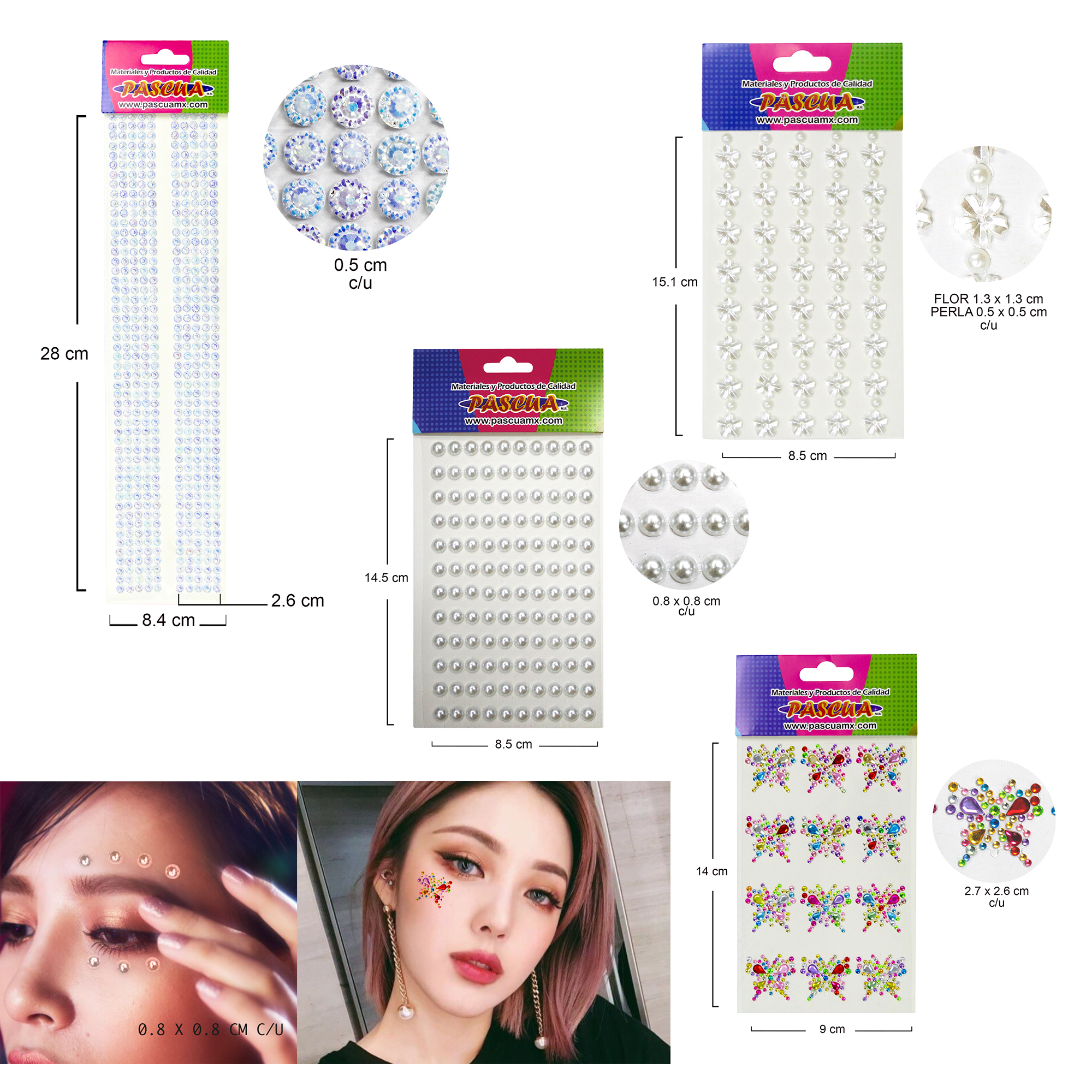 Set Pegatinas de Piedras Acrilicas con Adhesivo de diamantes forma Redondo, Perla, Mariposa y flor para manualidad DIY, Maquillaje Cara