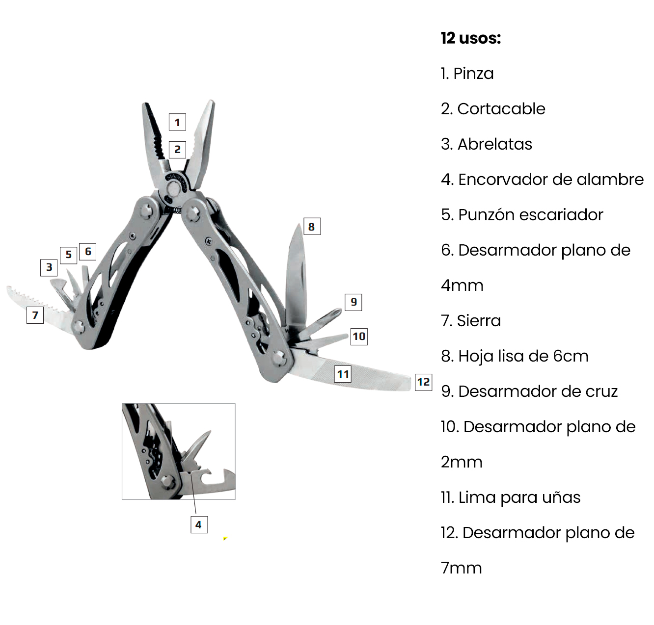 Multiherramienta Wallis con 12 usos, con mango de aluminio