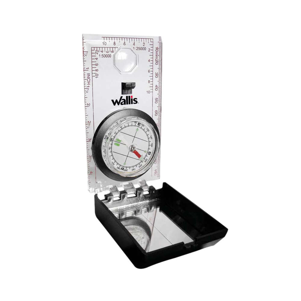 Brújula Wallis profesional plegable, con espejo y cordón para colgar, transparente con negro