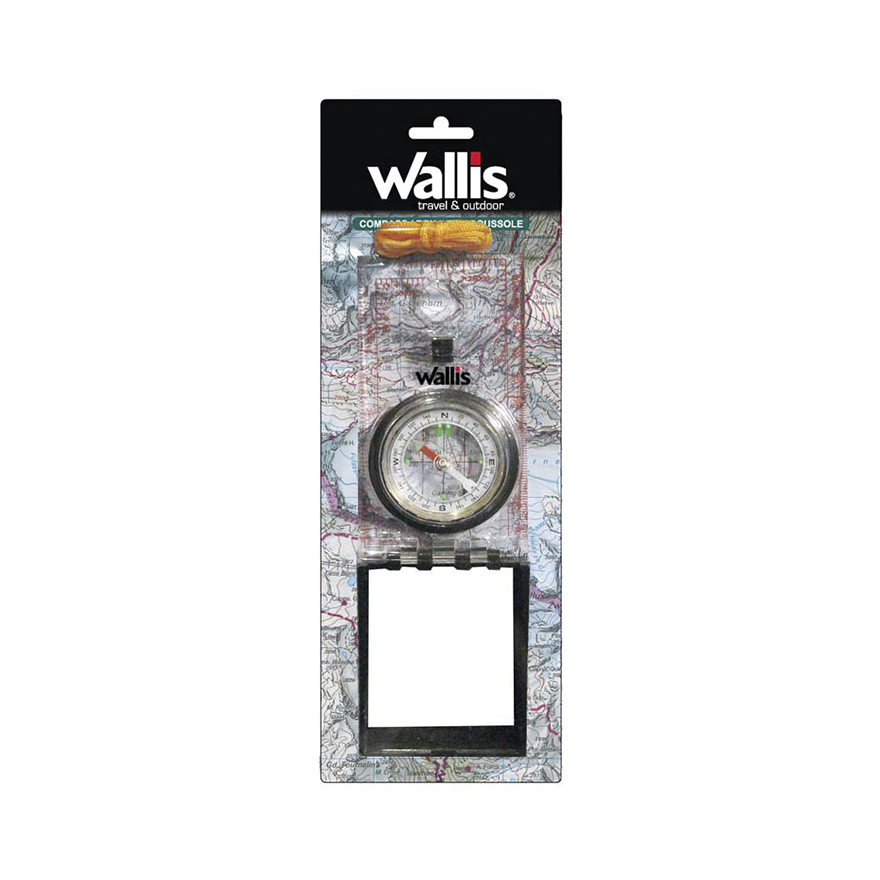 Brújula Wallis profesional plegable, con espejo y cordón para colgar, transparente con negro