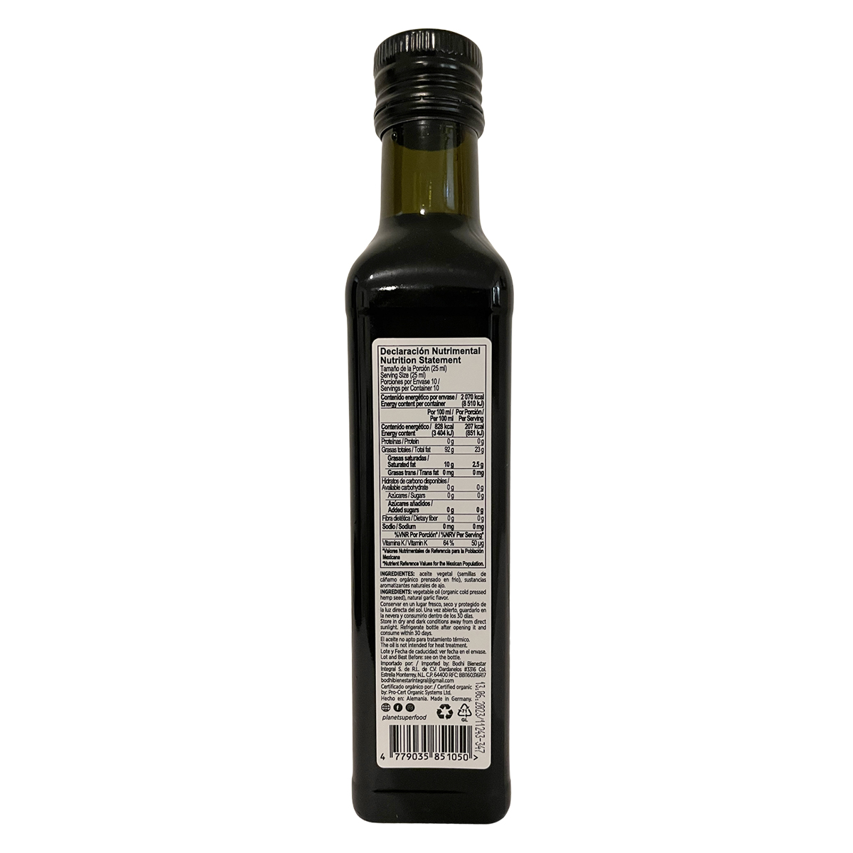 Aceite Vegetal de Semillas de Cáñamo Orgánico, Sabor Ajo 250ml