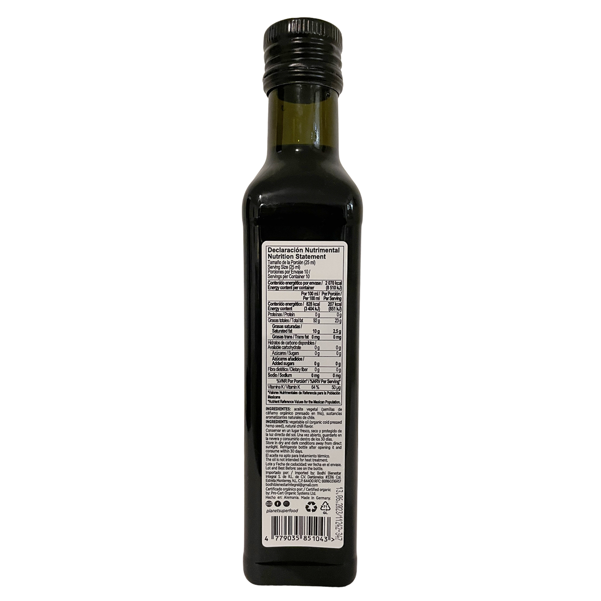 Aceite Vegetal de Semillas de Cáñamo Orgánico, Sabor Chile 250ml