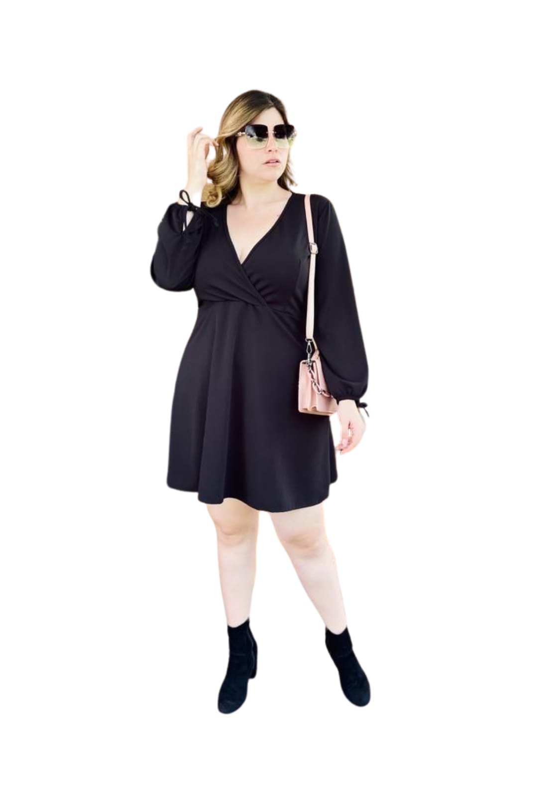 Vestido Línea A Liso Con Escote V Negro Talla Plus Curvy