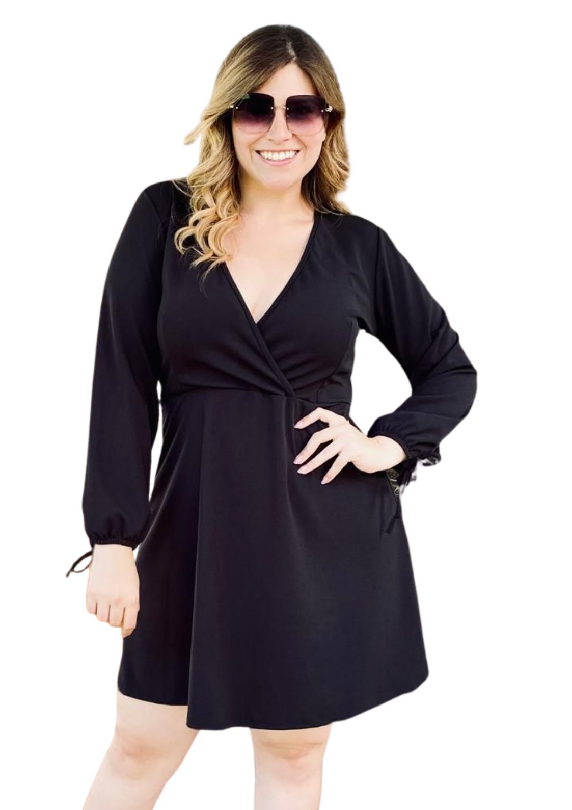 Vestido Línea A Liso Con Escote V Negro Talla Plus Curvy