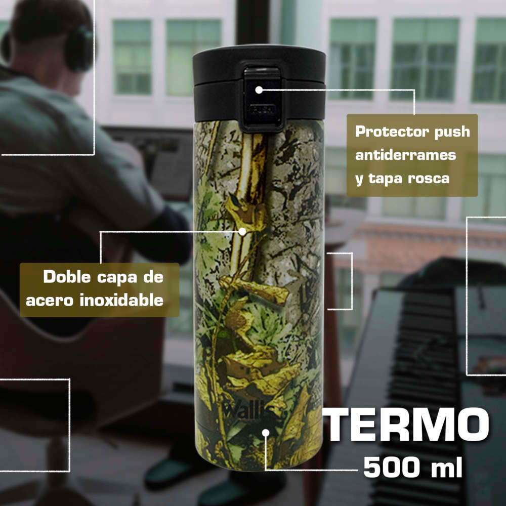 Termo con botón de seguridad antiderrames, 500 ml, camuflaje/ramas y hojas
