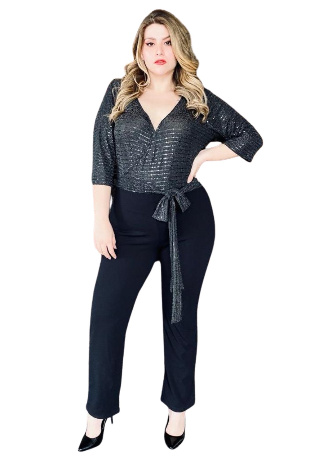 Palazzo Talla Plus Extra Negro Con Blusa Moño Curvy