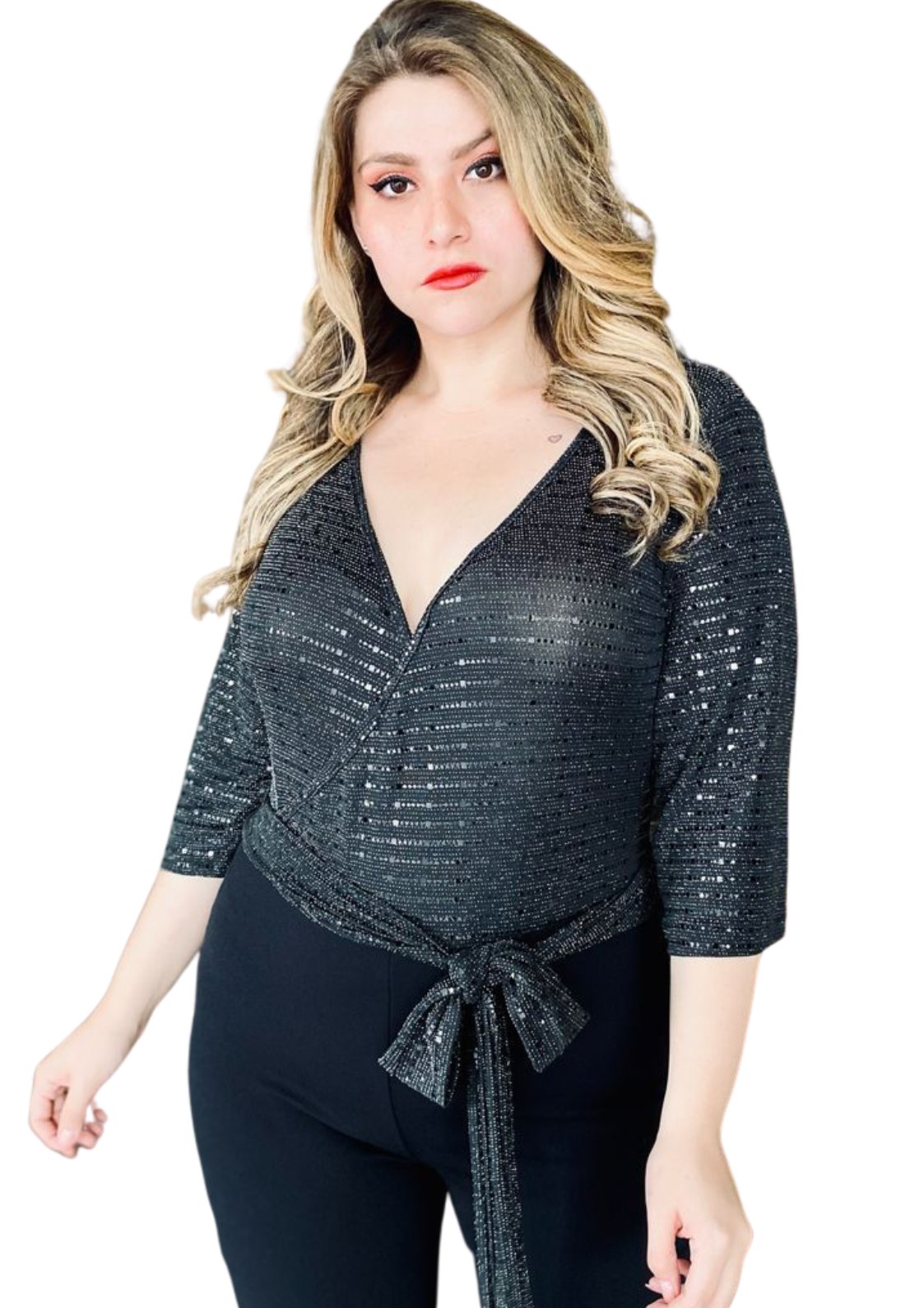 Palazzo Talla Plus Extra Negro Con Blusa Moño Curvy