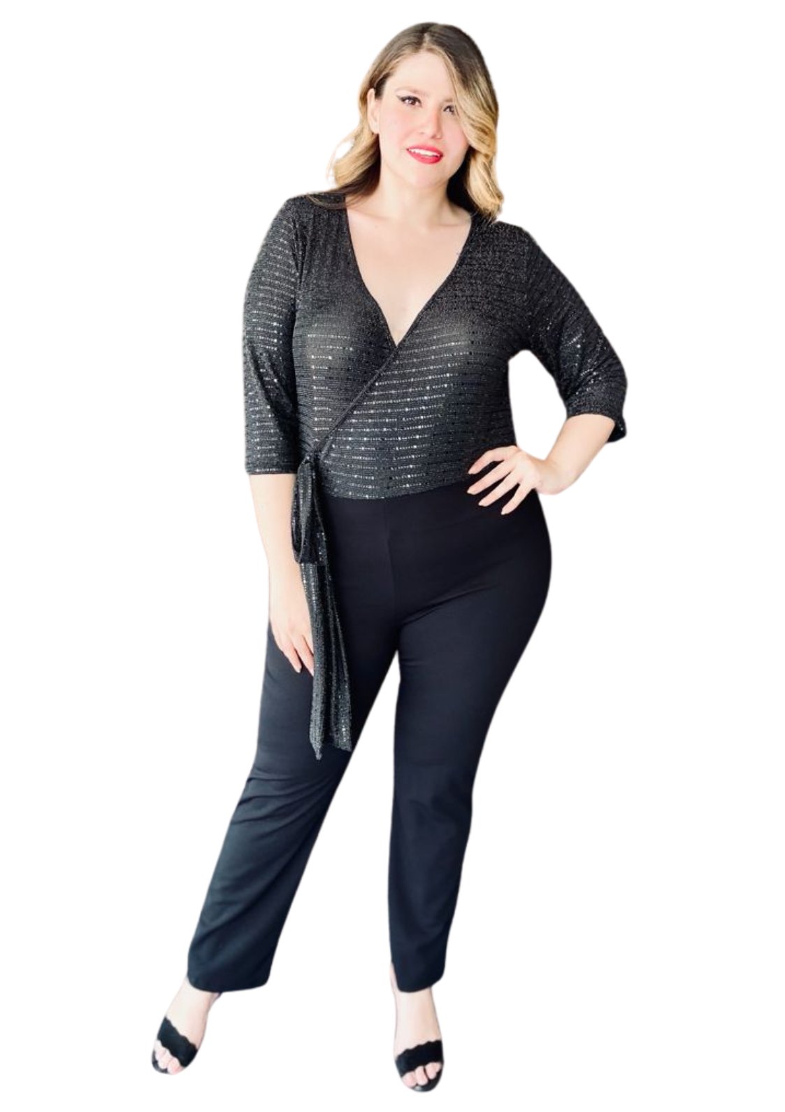 Palazzo Talla Plus Extra Negro Con Blusa Moño Curvy